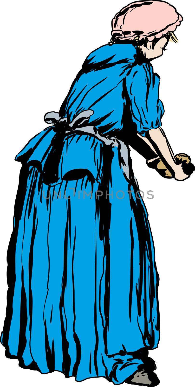 Illustration of rear view on single woman in 18th century clothing kneading dough