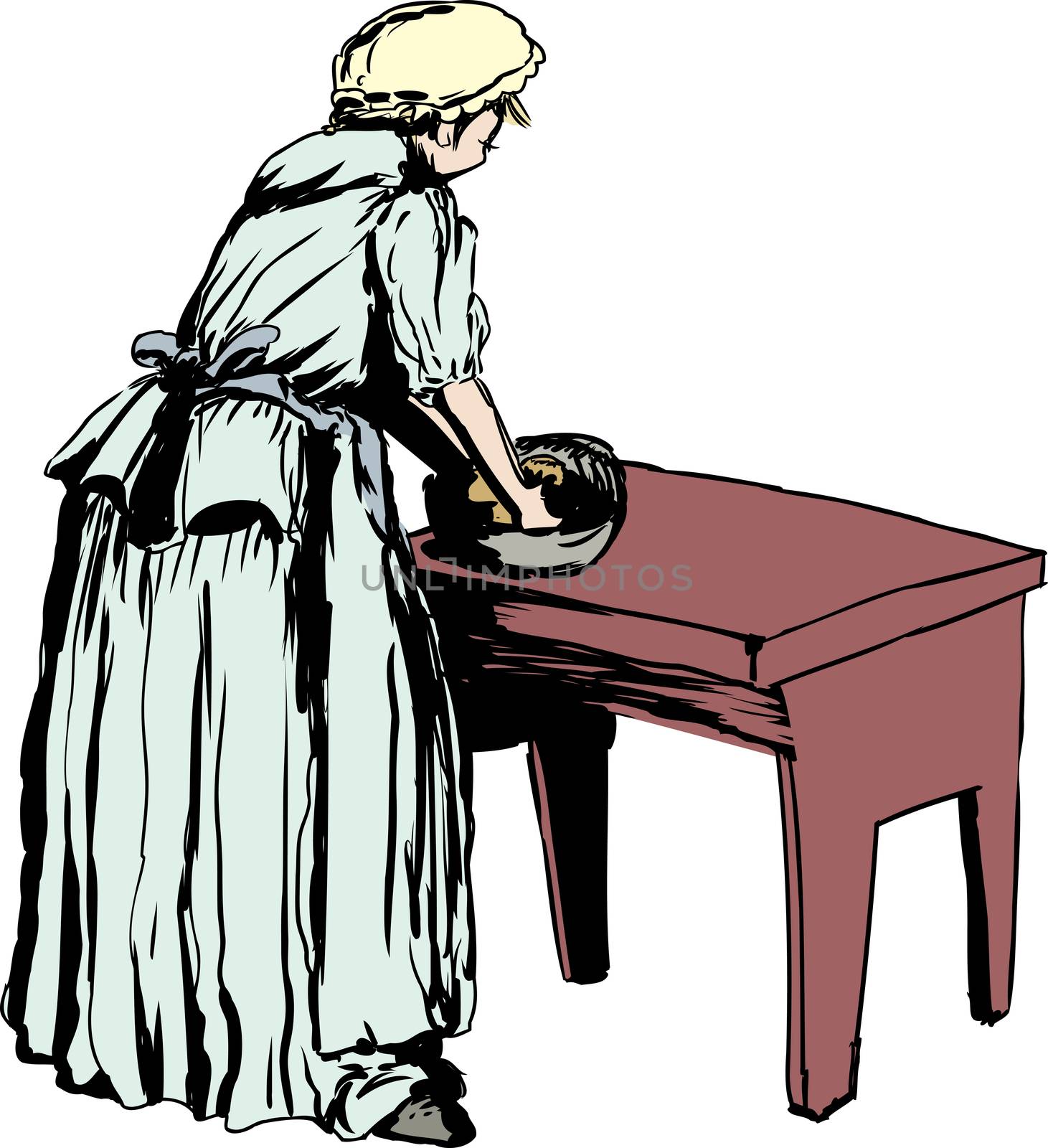 Illustration of single Caucasian woman in 18th century clothing kneading dough on table