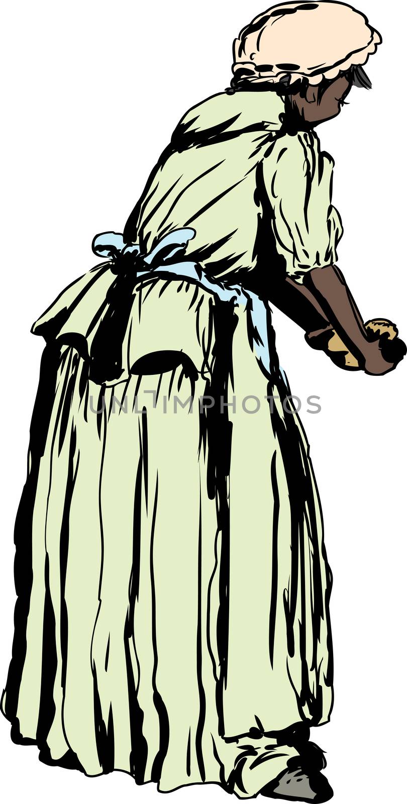 Illustration of rear view on African woman in 18th century clothing kneading dough