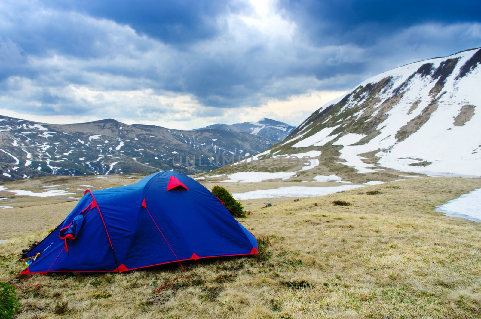 Traveling. Tourism. Tourist tent camping in mount by dolnikow