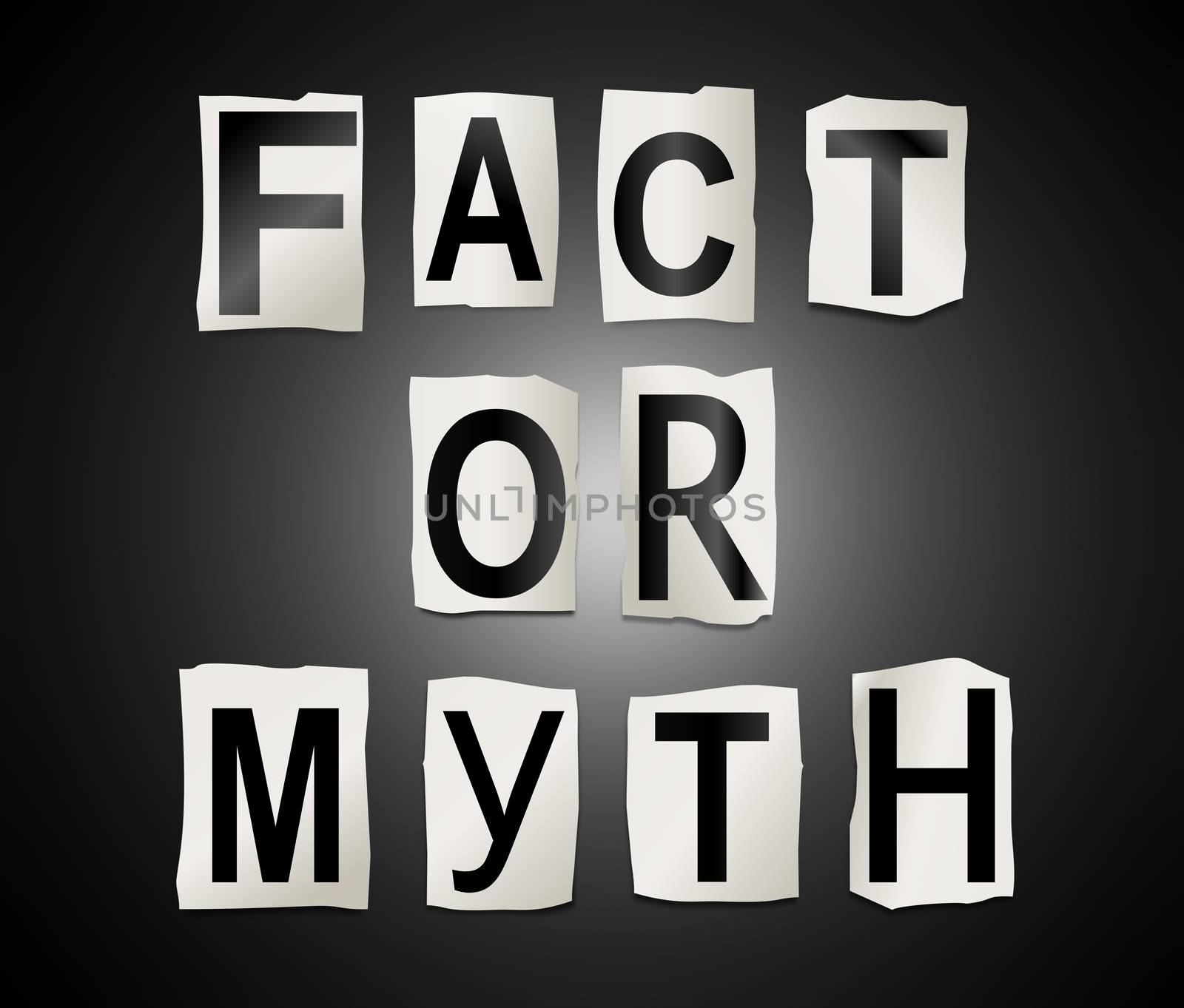Illustration depicting a set of cut out printed letters arranged to form the words fact or myth.