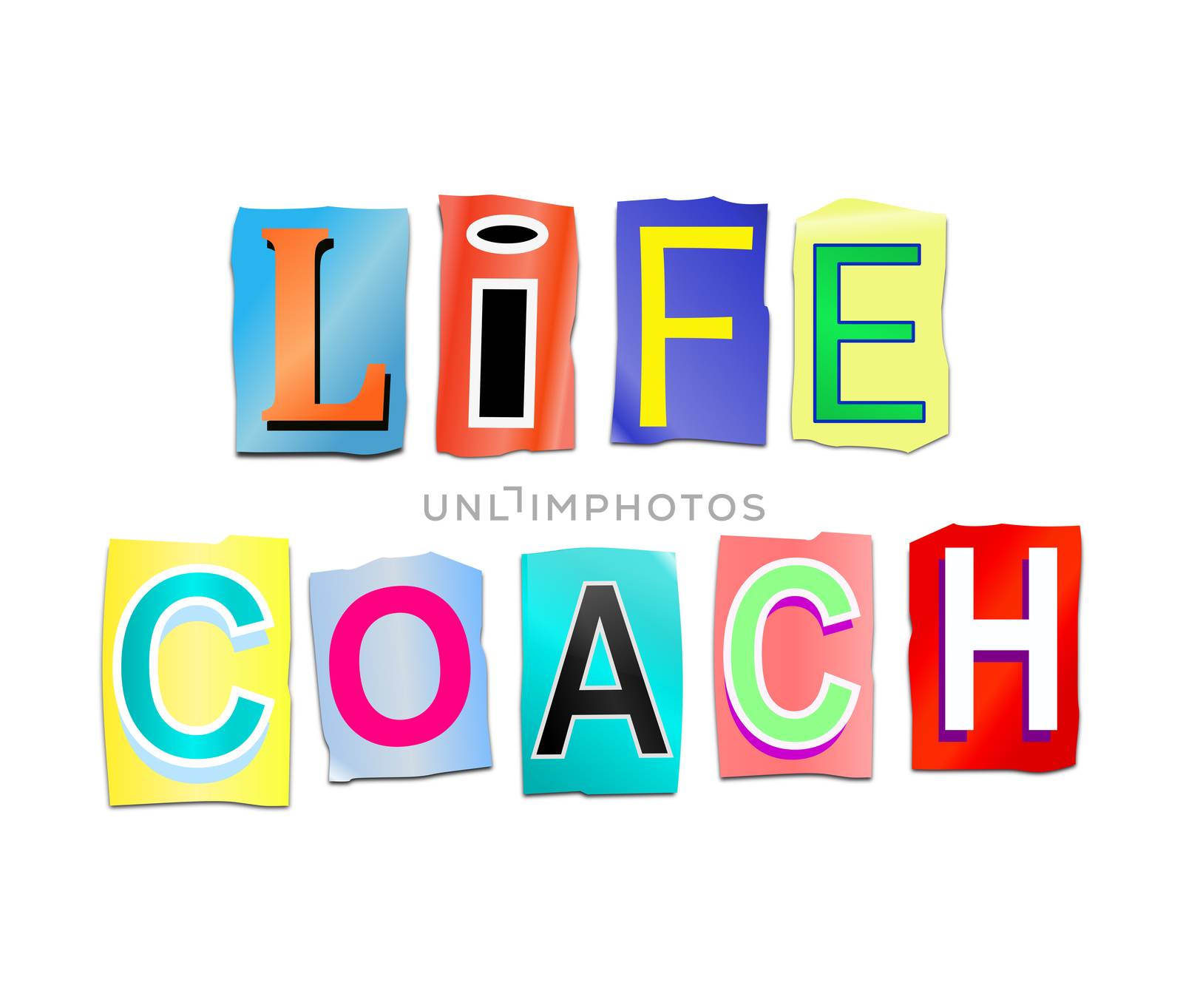 Illustration depicting a set of cut out printed letters arranged to form the words life coach.