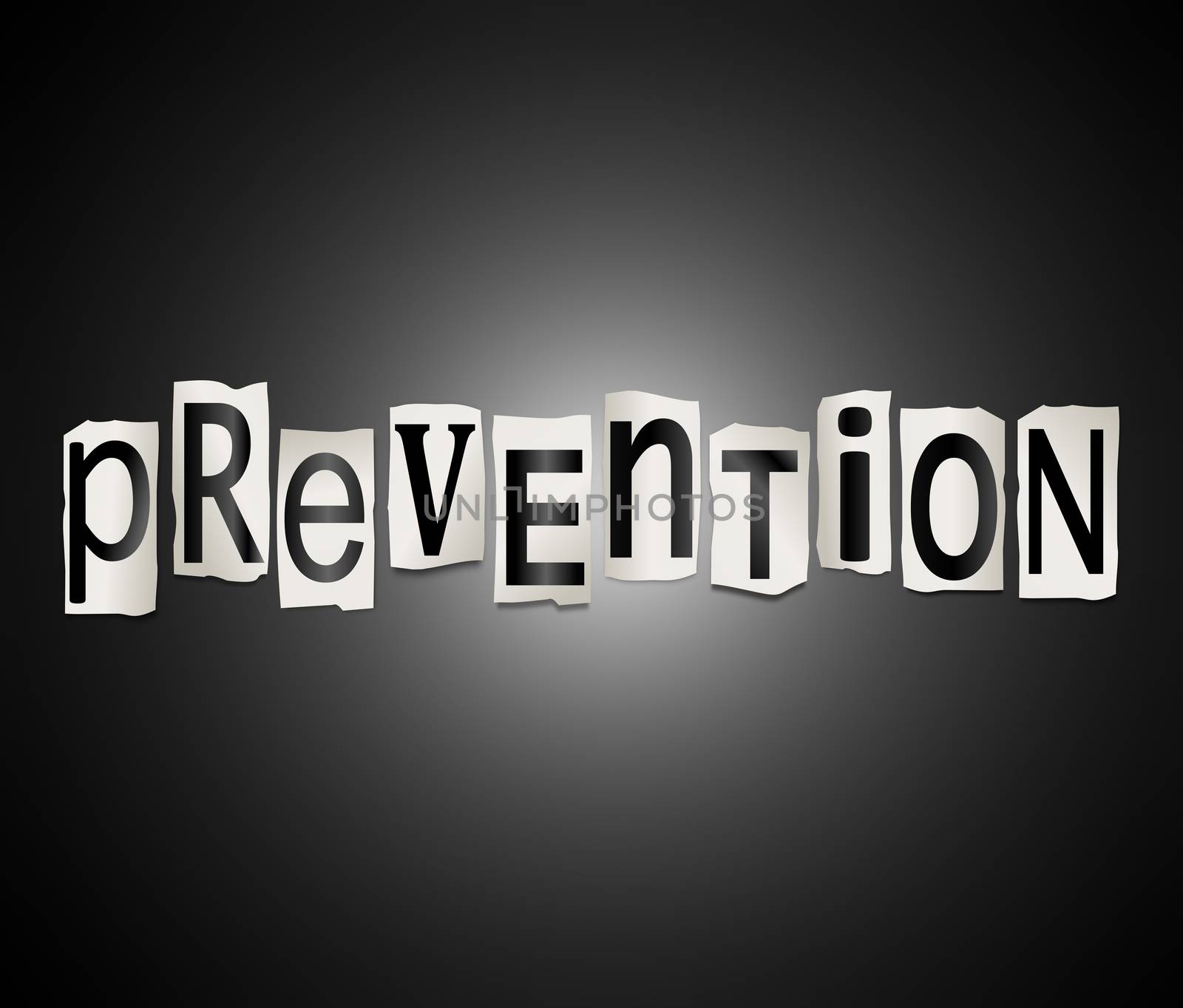 Illustration depicting a set of cut out printed letters arranged to form the word prevention.