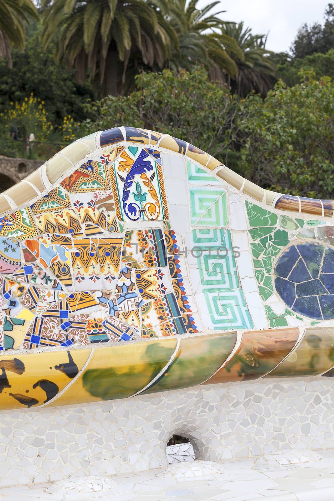 Gaudi multicolored mosaic bench  in Park Guell; Barcelona; Spain