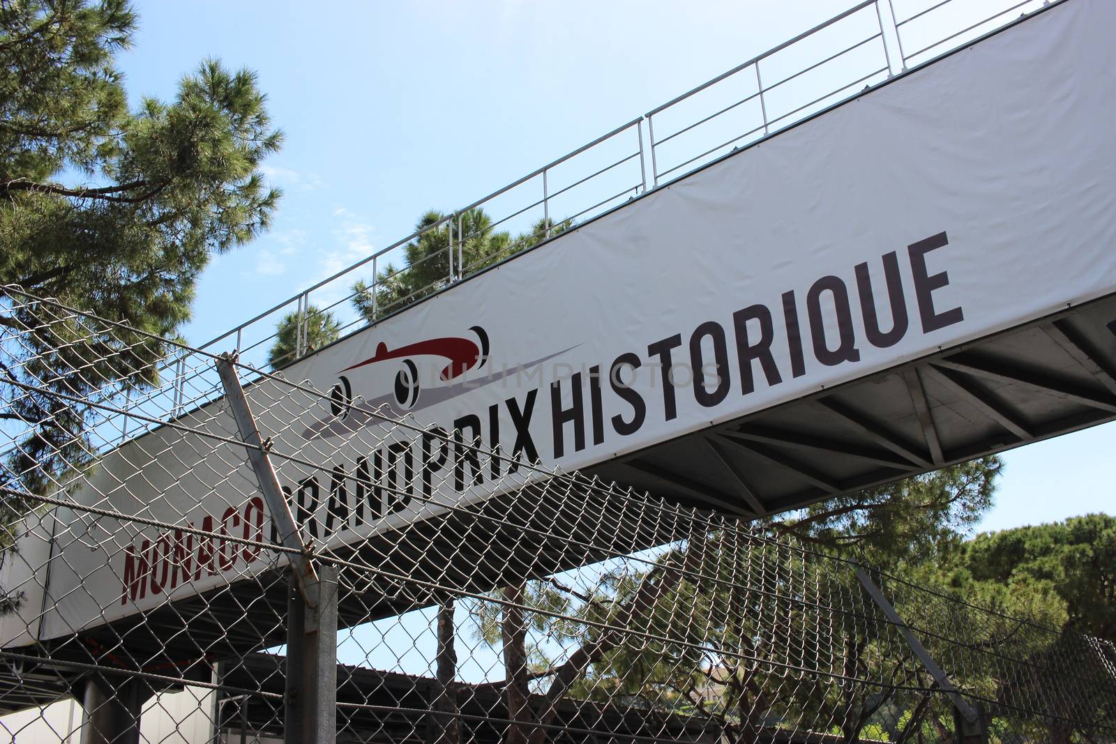 Monte-Carlo, Monaco - April 28, 2016: Red and White Monaco Grand Prix Historique Signboard in Monte-Carlo, Monaco