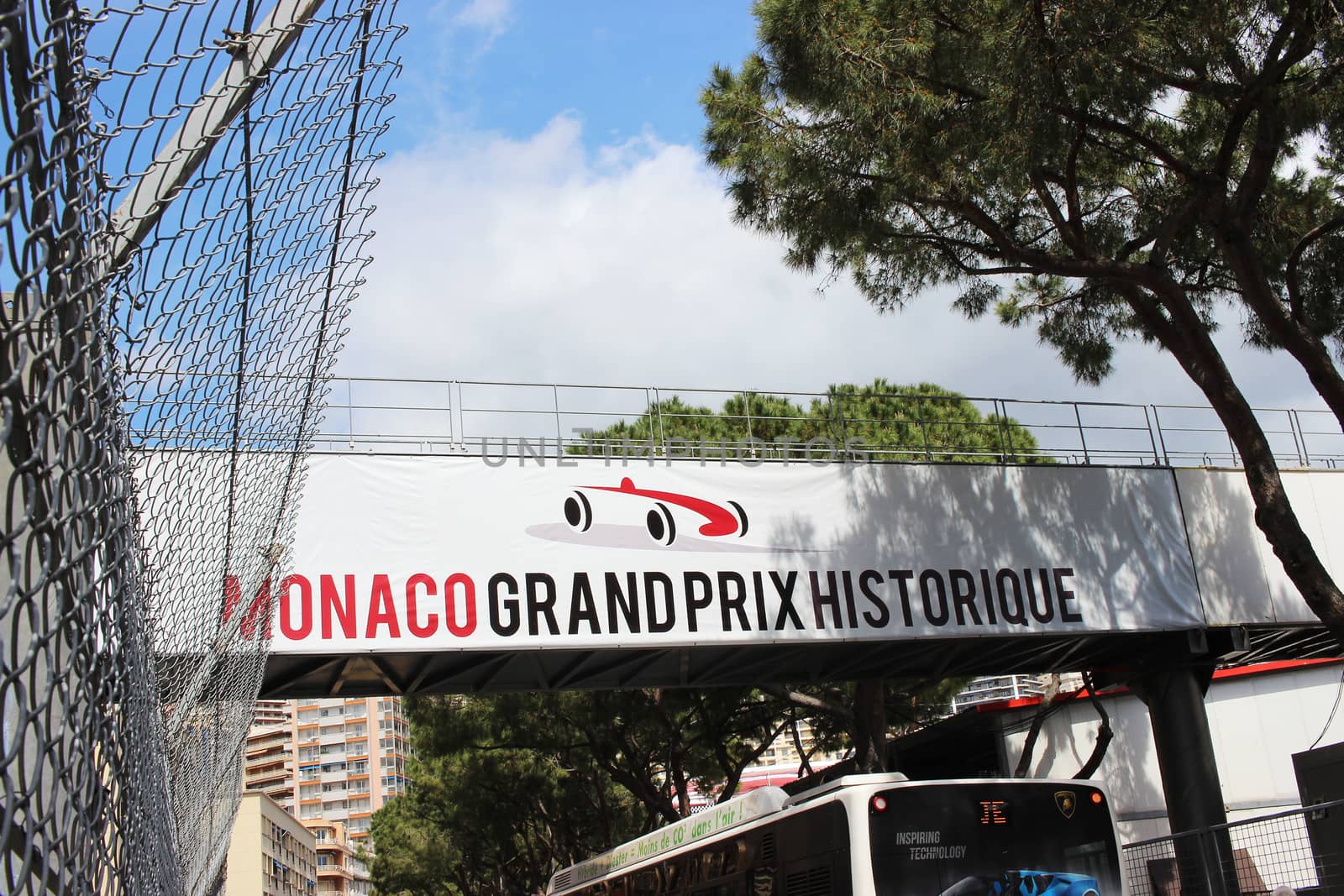 Monte-Carlo, Monaco - April 28, 2016: Red and White Monaco Grand Prix Historique Signboard in Monte-Carlo, Monaco