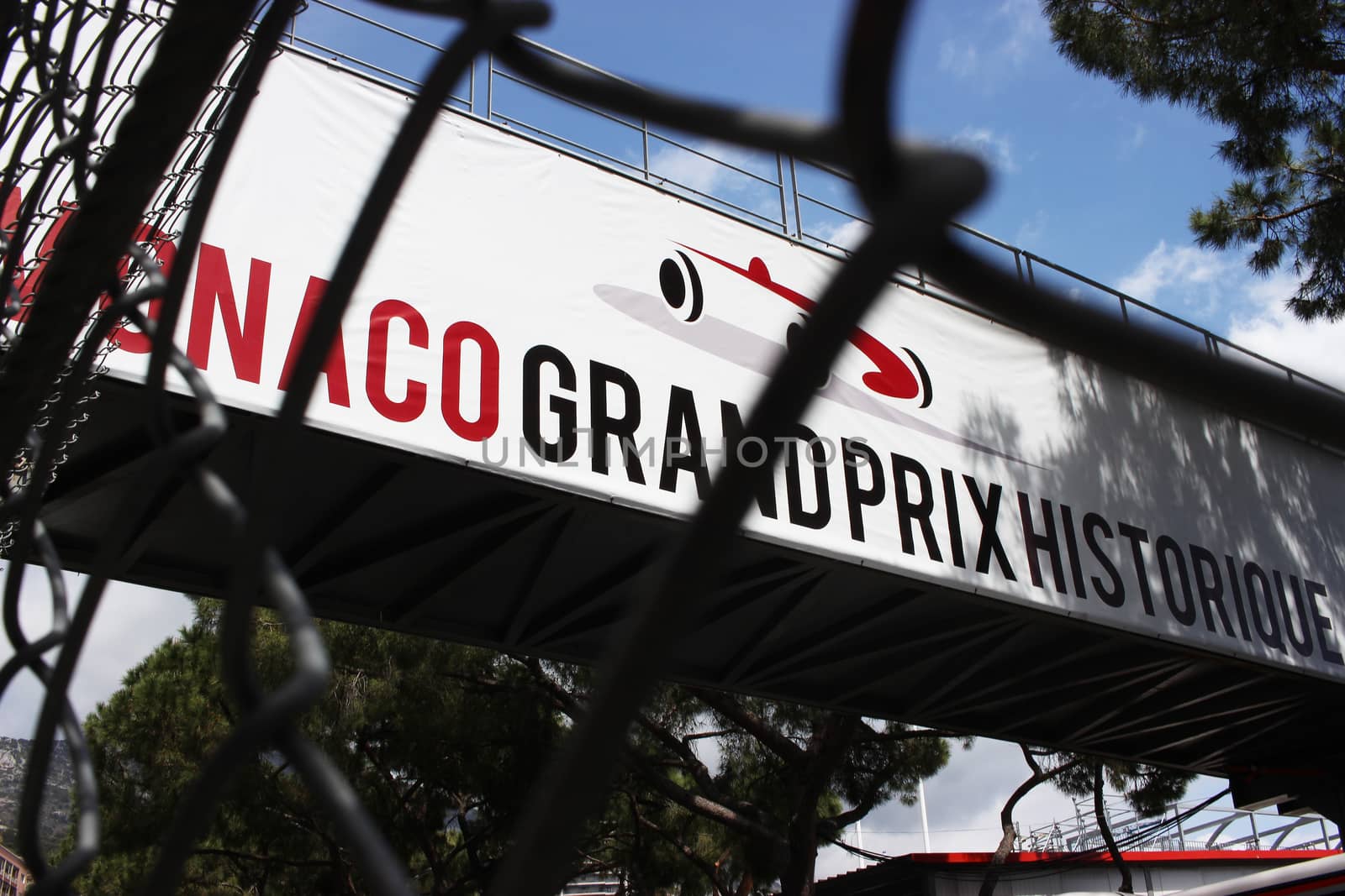 Monte-Carlo, Monaco - April 28, 2016: Red and White Monaco Grand Prix Historique Signboard in Monte-Carlo, Monaco