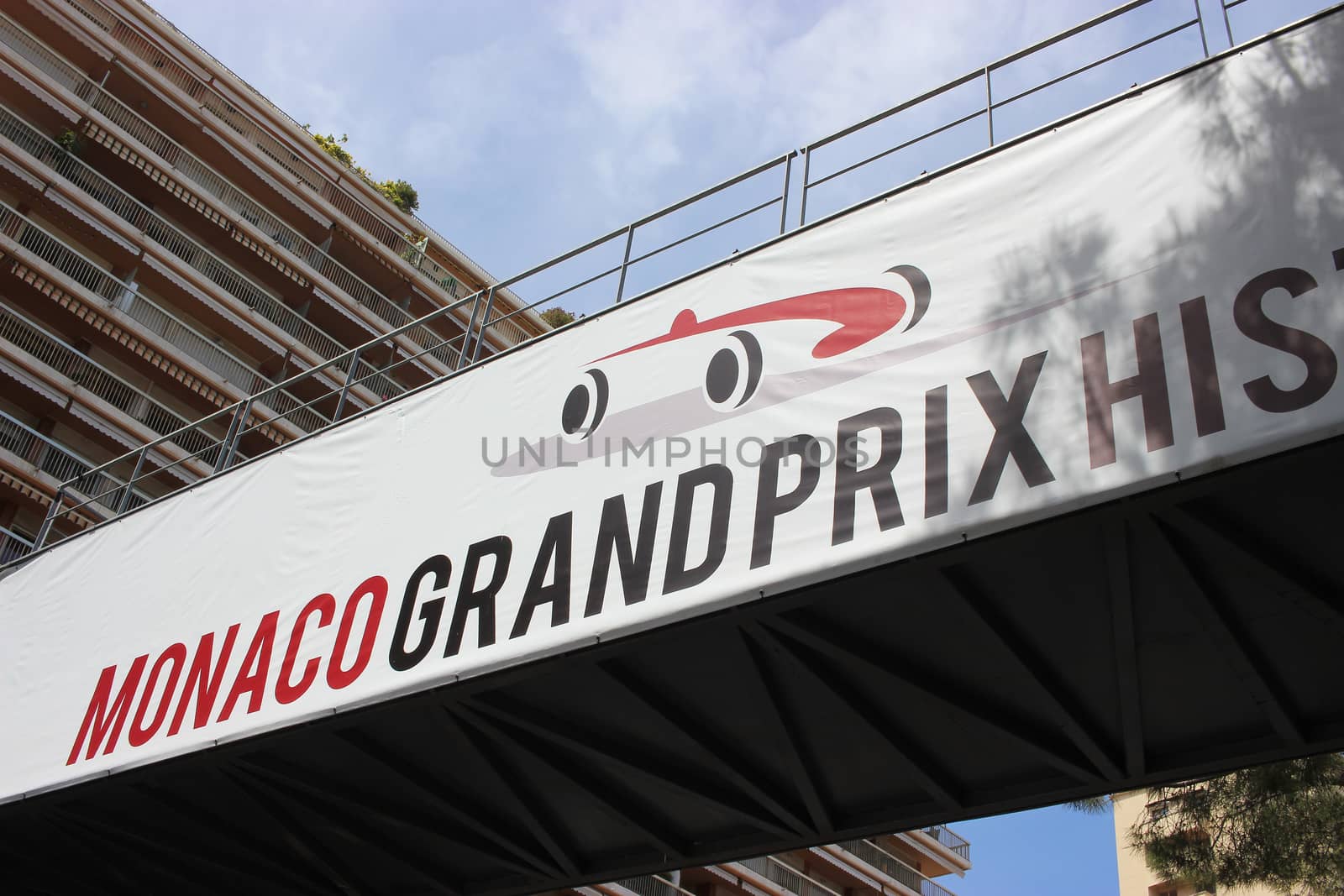 Monte-Carlo, Monaco - April 28, 2016: Red and White Monaco Grand Prix Historique Signboard in Monte-Carlo, Monaco