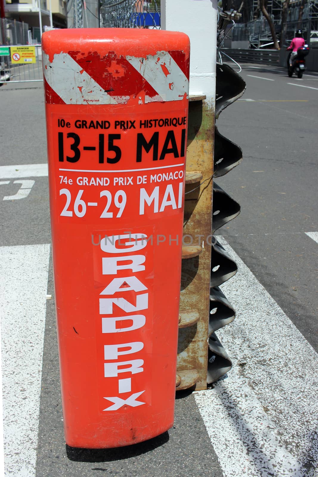 Monte-Carlo, Monaco - April 28, 2016: Red and White Monaco Grand Prix Historique Plastic Signboard in Monte-Carlo, Monaco