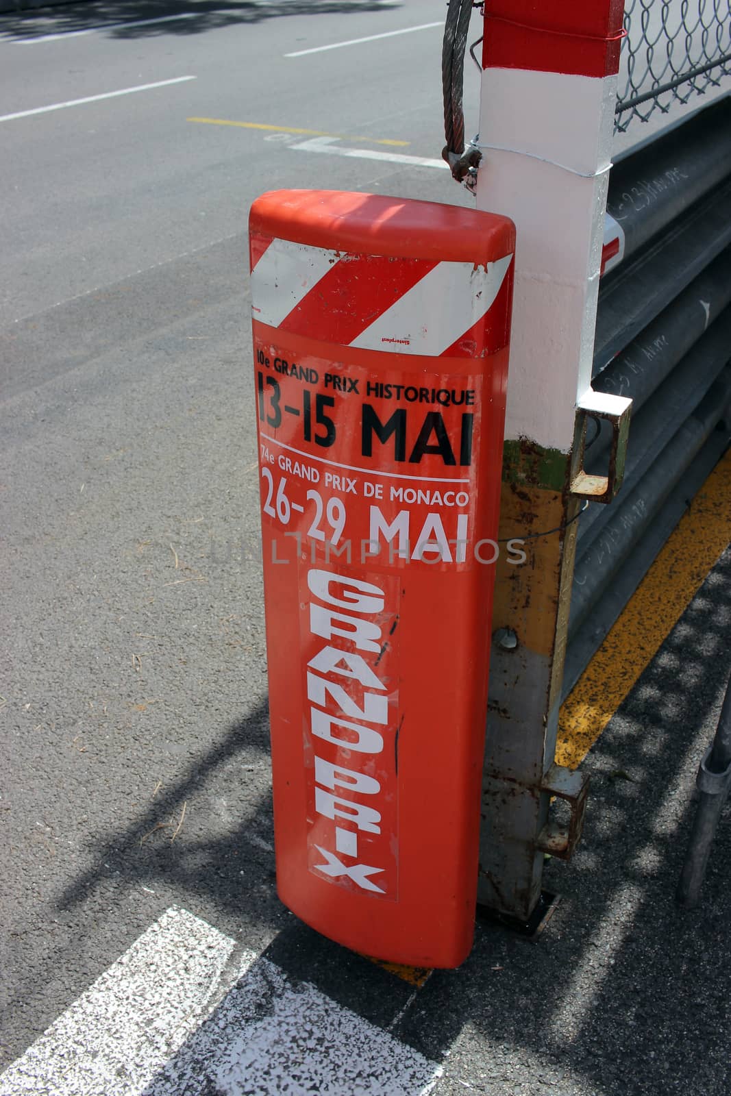 Monte-Carlo, Monaco - April 28, 2016: Red and White Monaco Grand Prix Historique Plastic Signboard in Monte-Carlo, Monaco