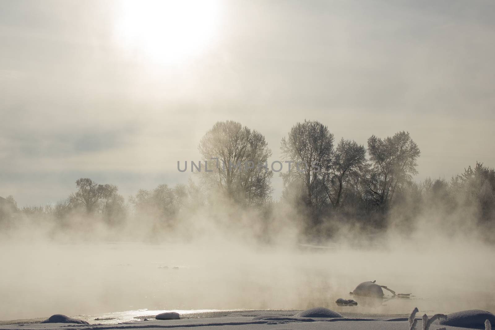 foggy winter landscape frosty morning over the river and trees in hoarfrost on the shores of