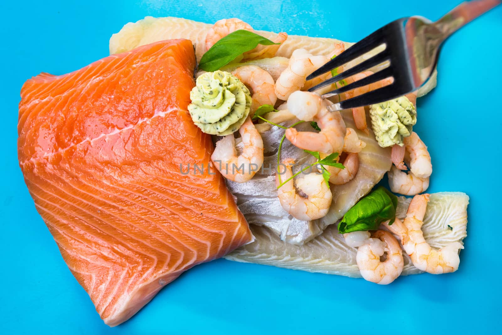 Various raw fish species as fillets like salmon, cod and shrimp.