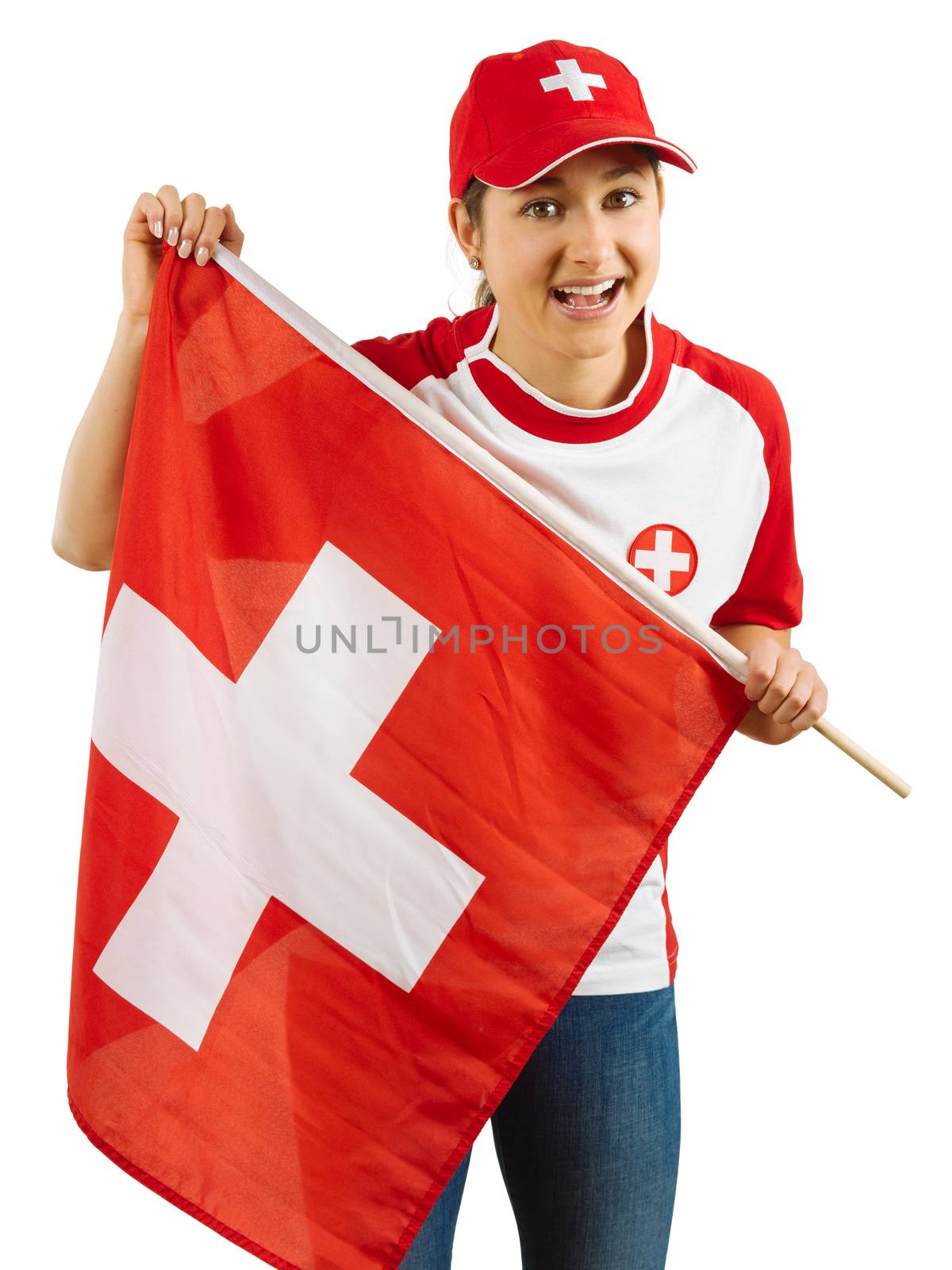 Photo of a Swiss sports fans waving a flag and cheering for her team isolated over white background.