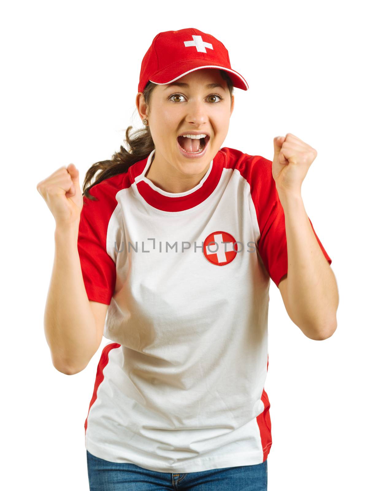 Photo of a Swiss sports fans excited and cheering for her team isolated over white background.