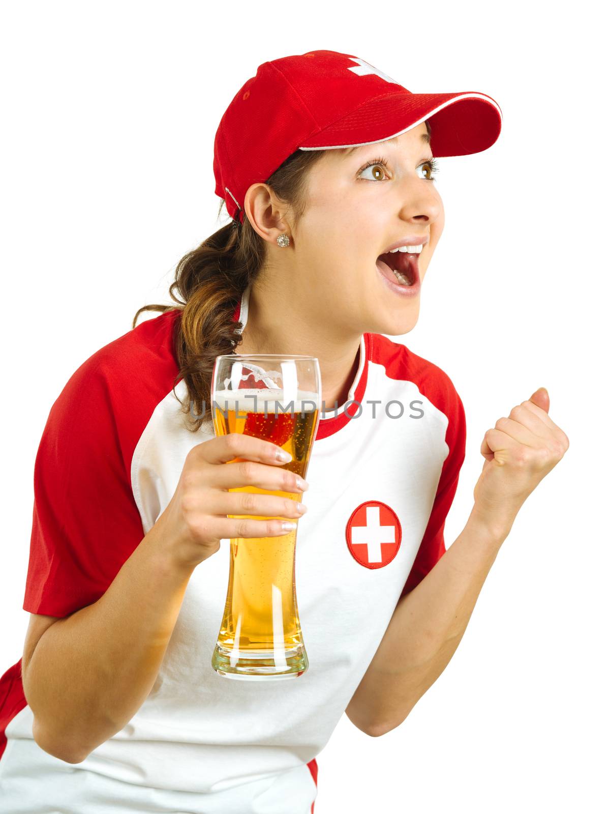 Photo of a Swiss sports fans holding a beer and cheering for her team isolated over white background.