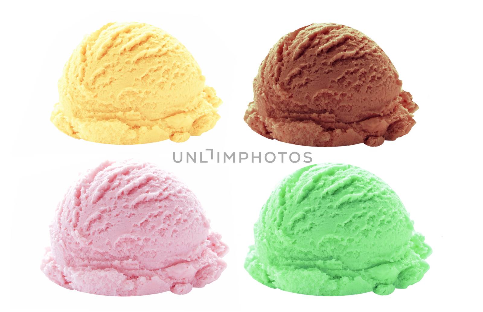 Set of different flavored ice cream scoops including vanilla, chocolate, strawberry and mint