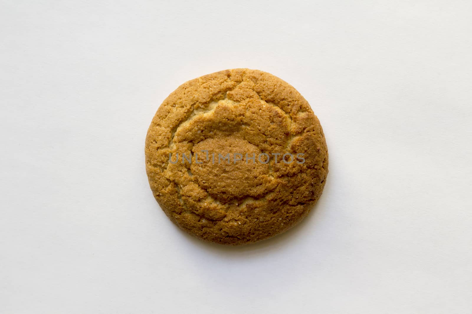 one oatmeal round biscuits closeup on white background