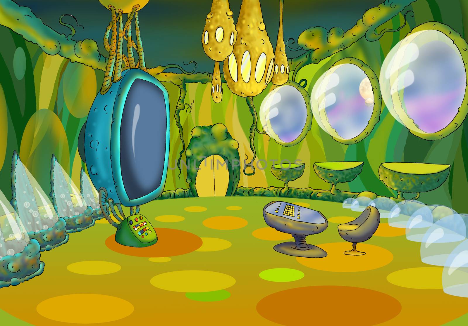 Digital Painting, Illustration of a Spaceship Cabin Futuristic Interior Cartoon of Cosmic Spacecraft in SciFi Galaxy. Fantastic Cartoon Style Character, Fairy Tale  Story Background, Card Design.