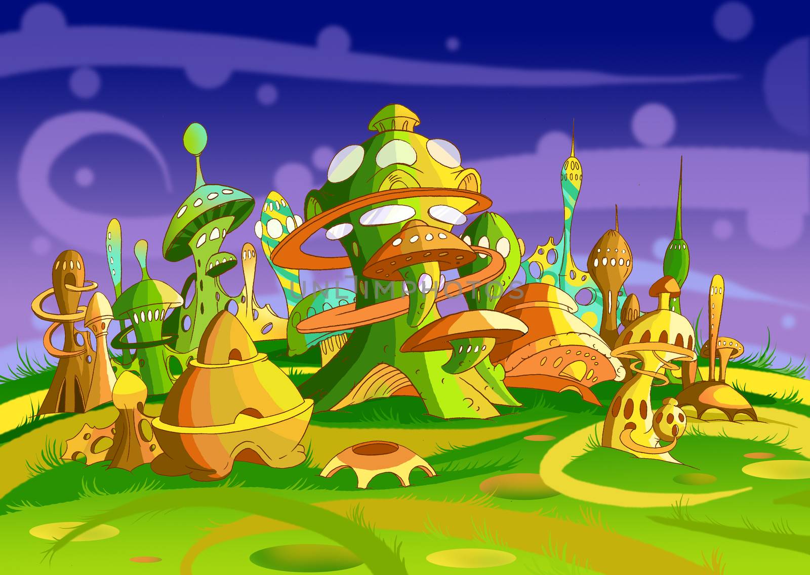 Digital Painting, Illustration of a Futuristic Alien City. Fantastic Cartoon Style Character, Fairy Tale Story Background, Card Design