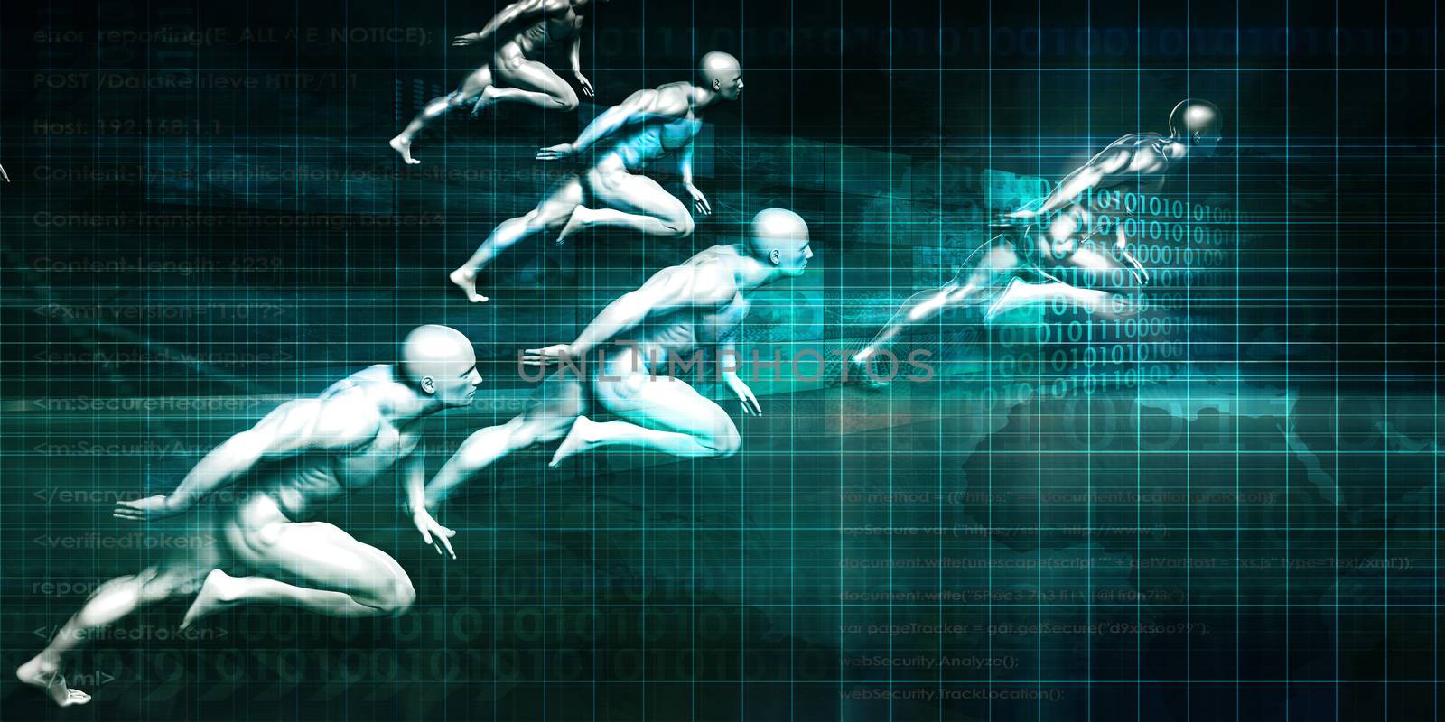 Science and Technology with Men Running as Futuristic Concept