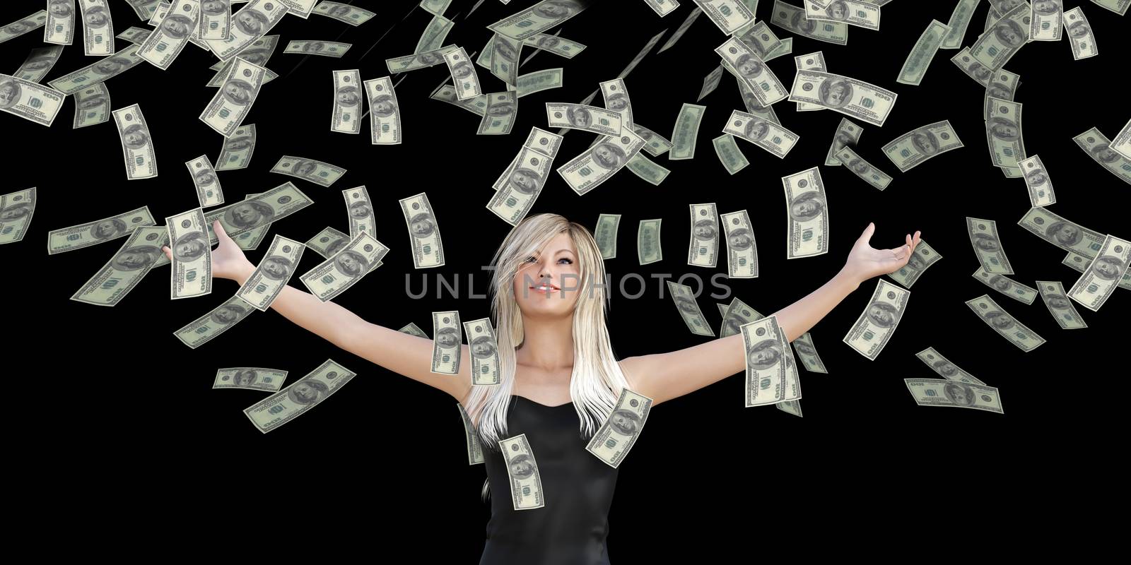 Woman Catching Money Falling From the Sky in US Dollars