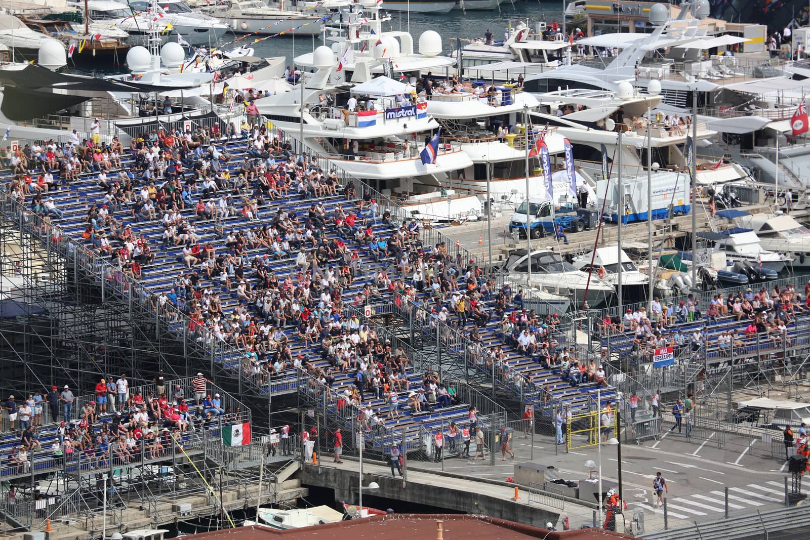 La Condamine, Monaco - May 28, 2016: Many Spectators in the Tribunes and People on Yachts For the Monaco Formula 1 Grand Prix 2016