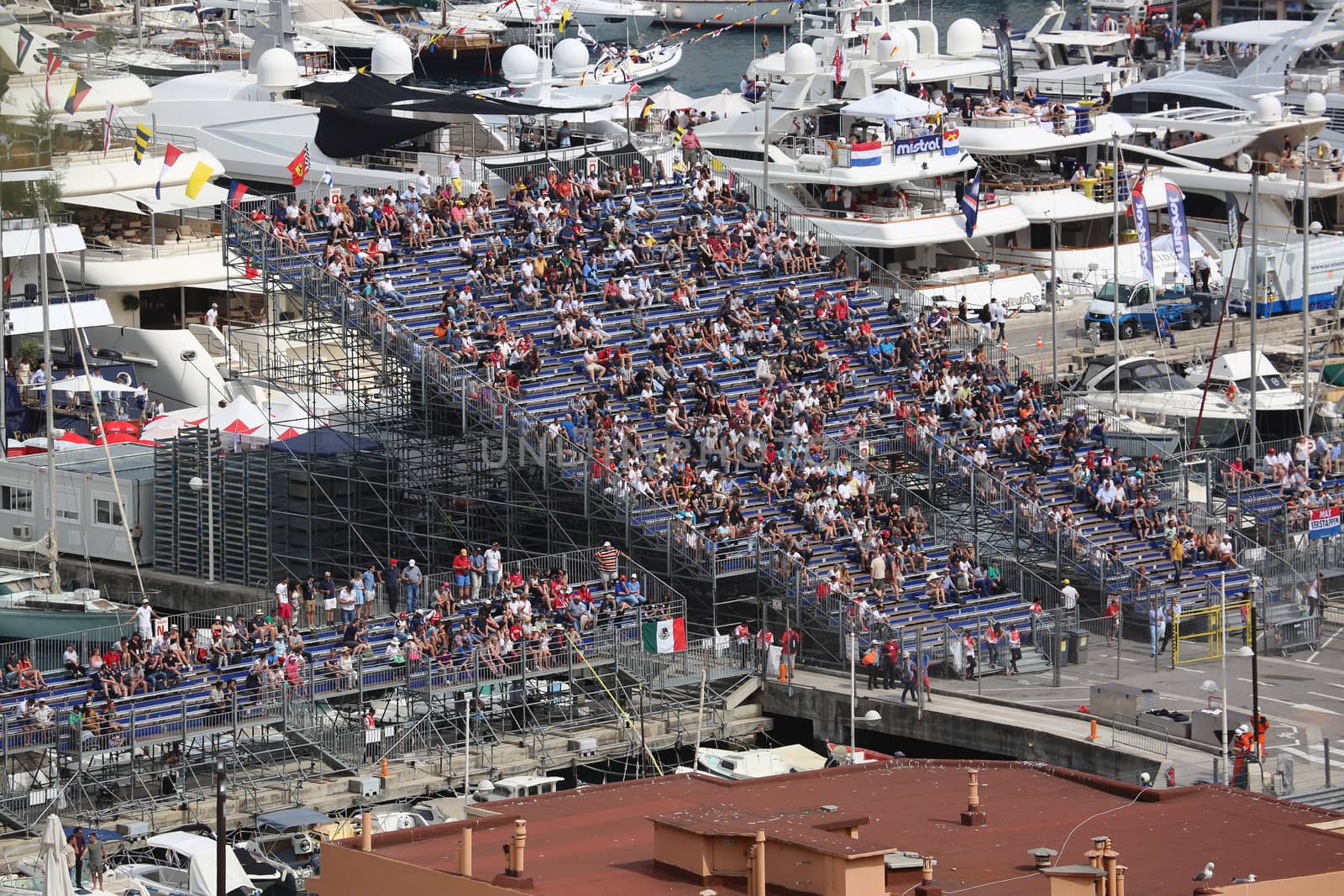 La Condamine, Monaco - May 28, 2016: Many Spectators in the Tribunes and People on Yachts For the Monaco Formula 1 Grand Prix 2016