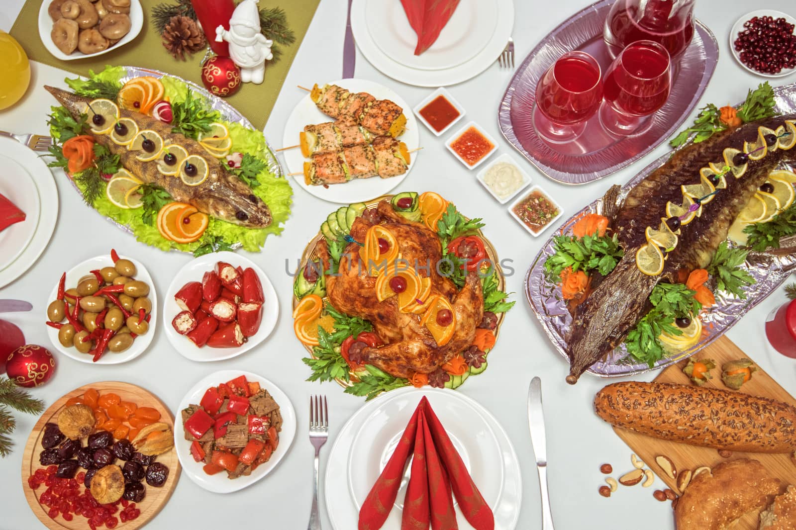 Lots of traditional festive food on table. Christmas table.