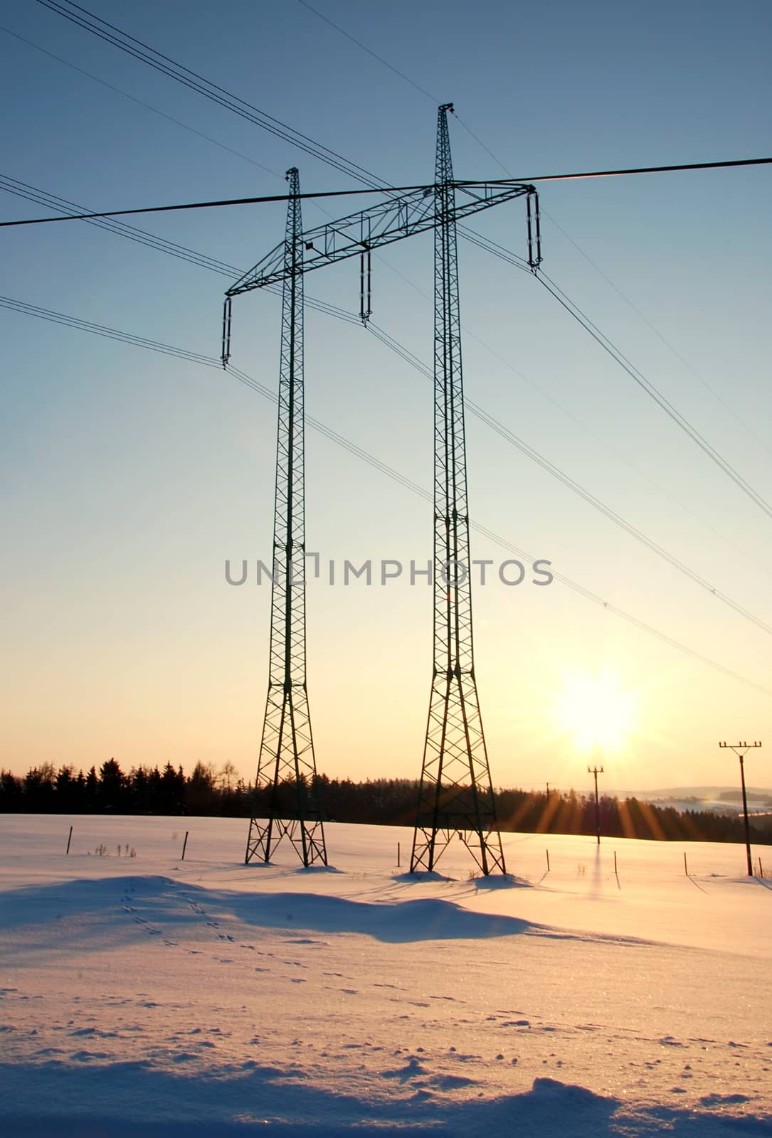 Winter landscape with power line.