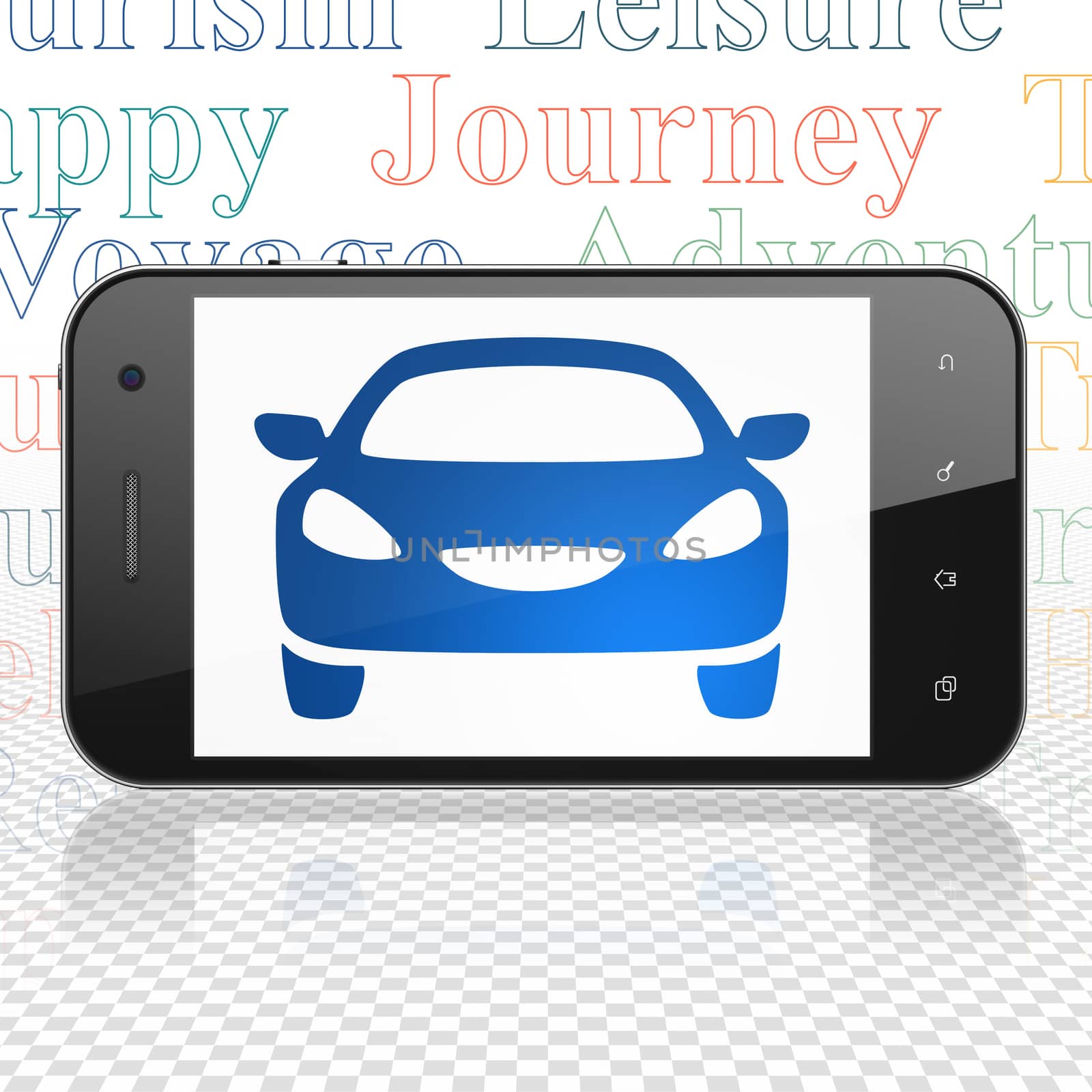 Vacation concept: Smartphone with  blue Car icon on display,  Tag Cloud background, 3D rendering