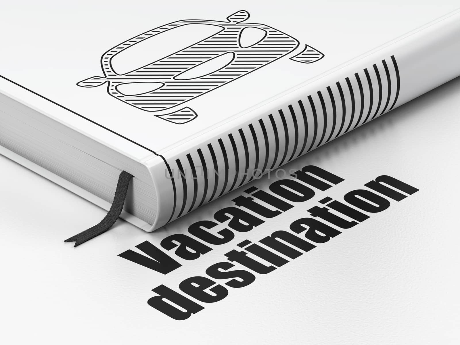 Vacation concept: closed book with Black Car icon and text Vacation Destination on floor, white background, 3D rendering