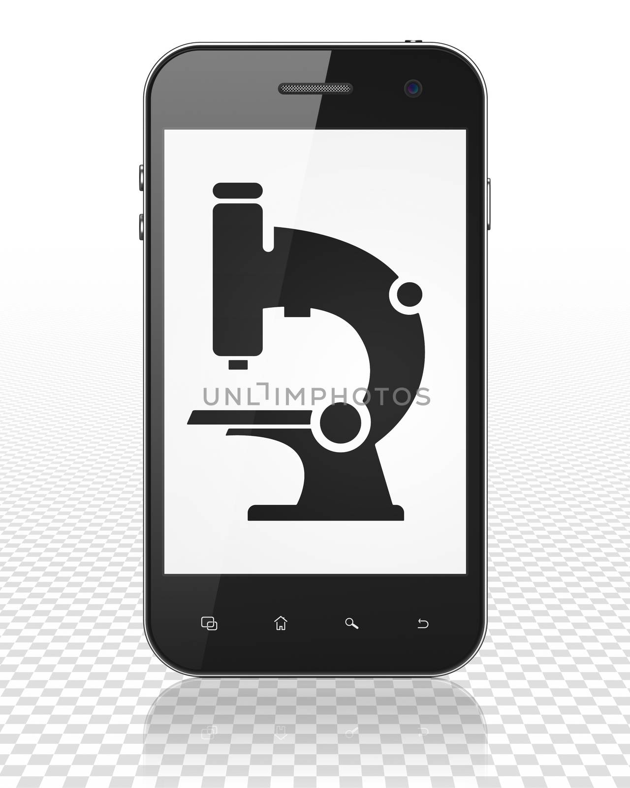 Science concept: Smartphone with black Microscope icon on display, 3D rendering