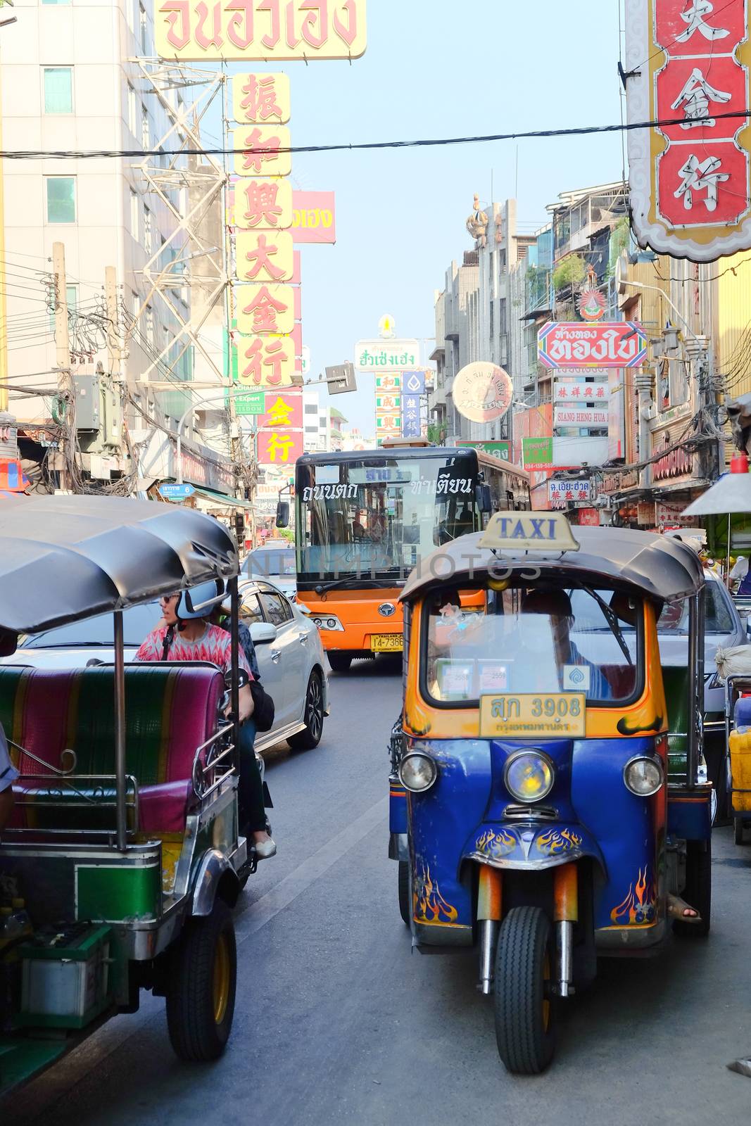 BANGKOK, THAILAND - APRIL24, 2016 : Motorized Tricycle on Yaowarat Road,chinatown of Bangkok, The Motorized Tricycle are a popular way to transport in Yaowarat Road.