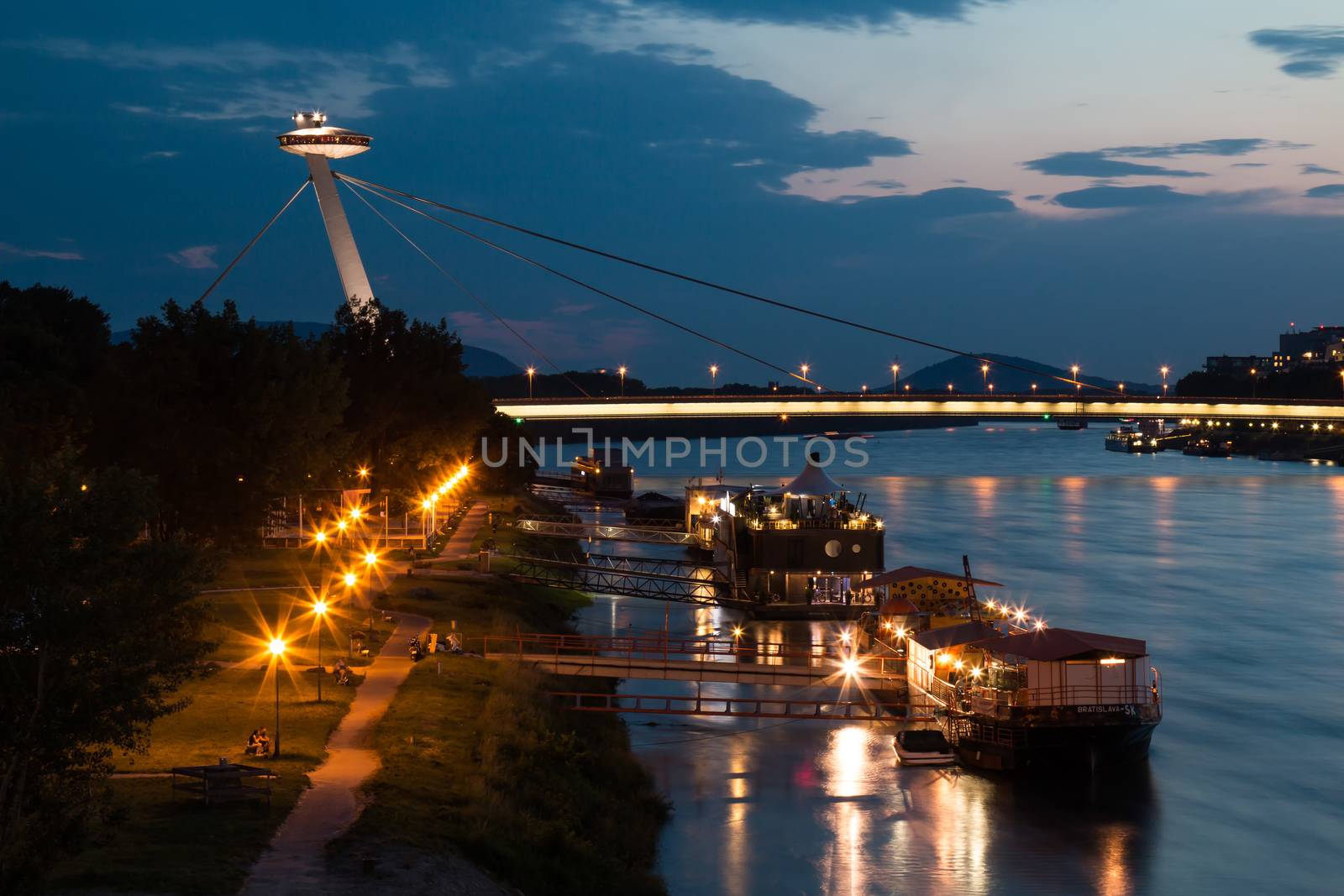 Night view on the  Bridge in Bratislava, Slovakia by YassminPhoto