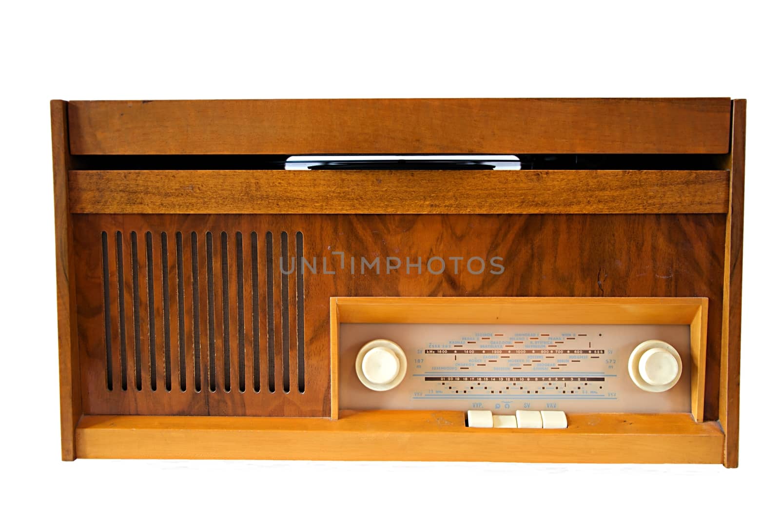 Retro wooden vinyl gramophone isolated on white.