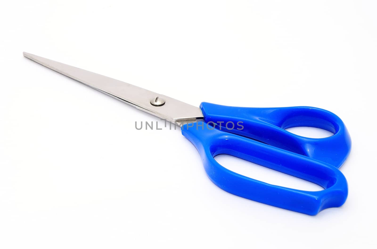 Scissors with blue plastic strap on white background.