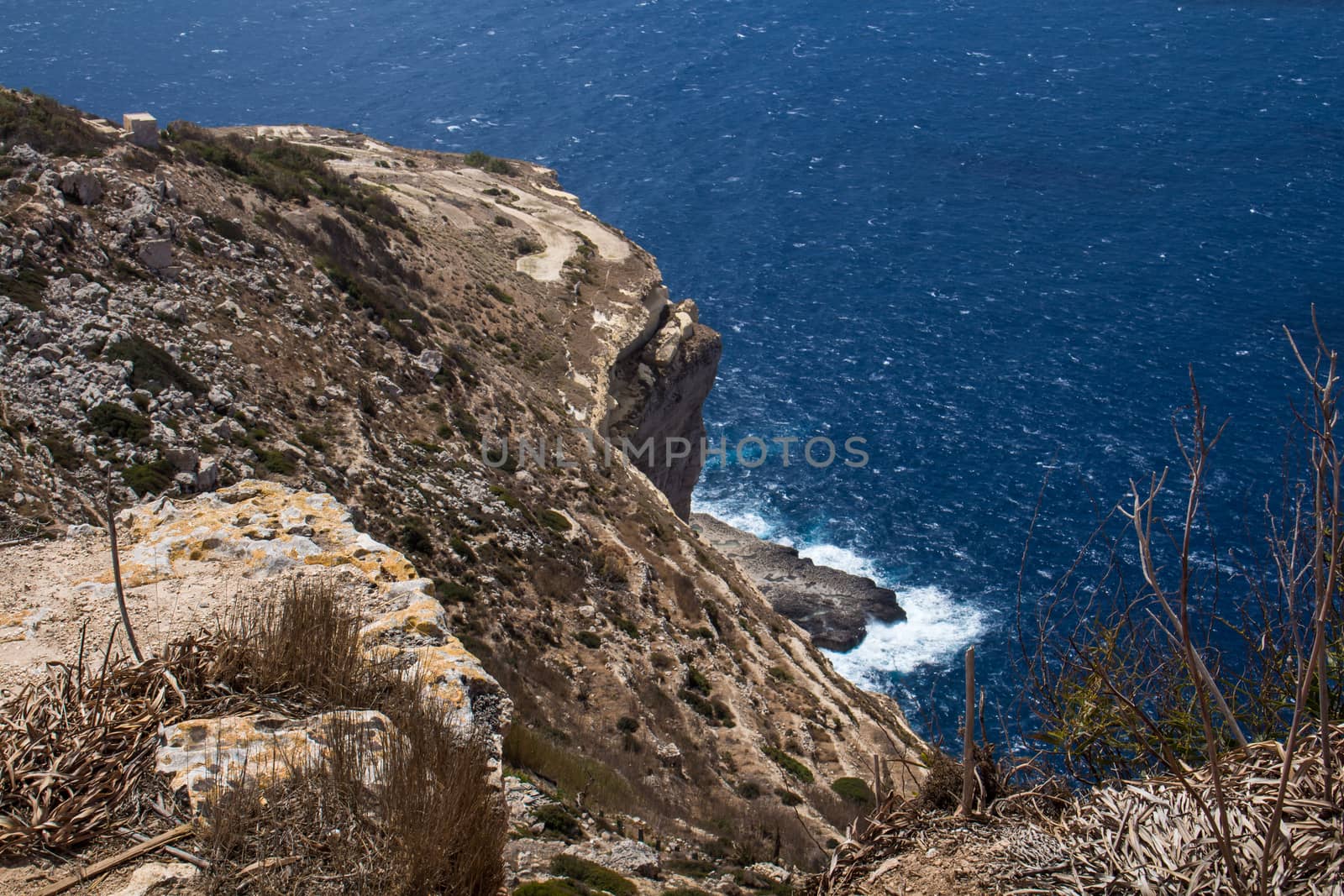 Dingli Cliffs, one of the most beautiful parts of the shore at the island Malta. Water of the Mediterranean sea.