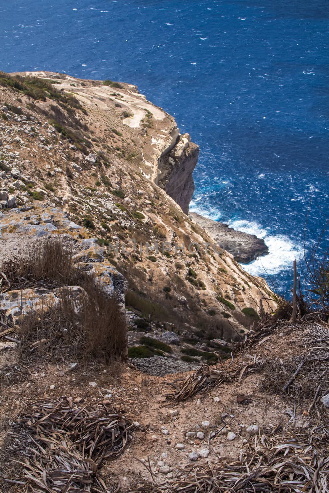 Dingli Cliffs, one of the most beautiful parts of the shore at the island Malta. Water of the Mediterranean sea.