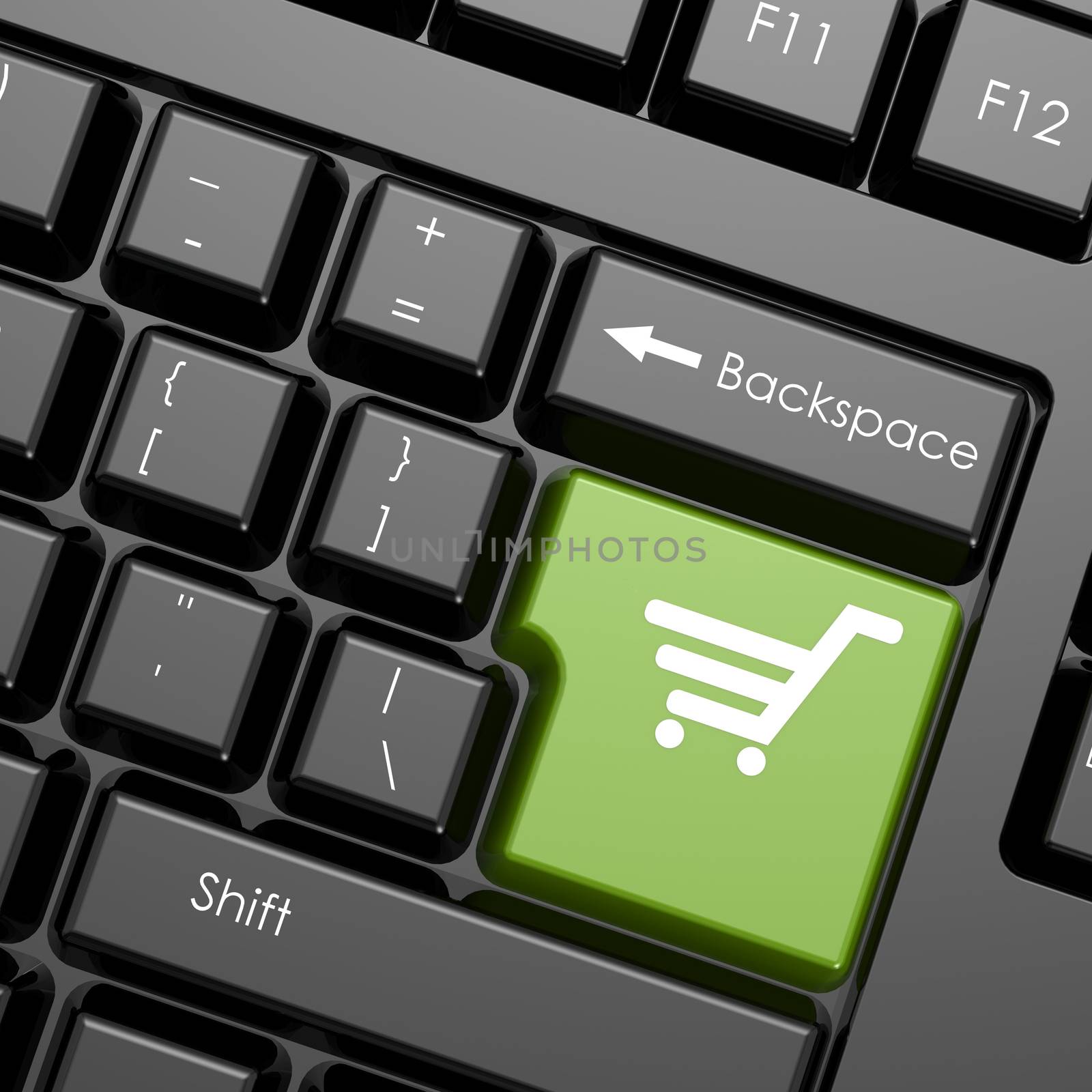 Green enter button with shopping cart on black keyboard, isolated image with hi-res rendered artwork that could be used for any graphic design.