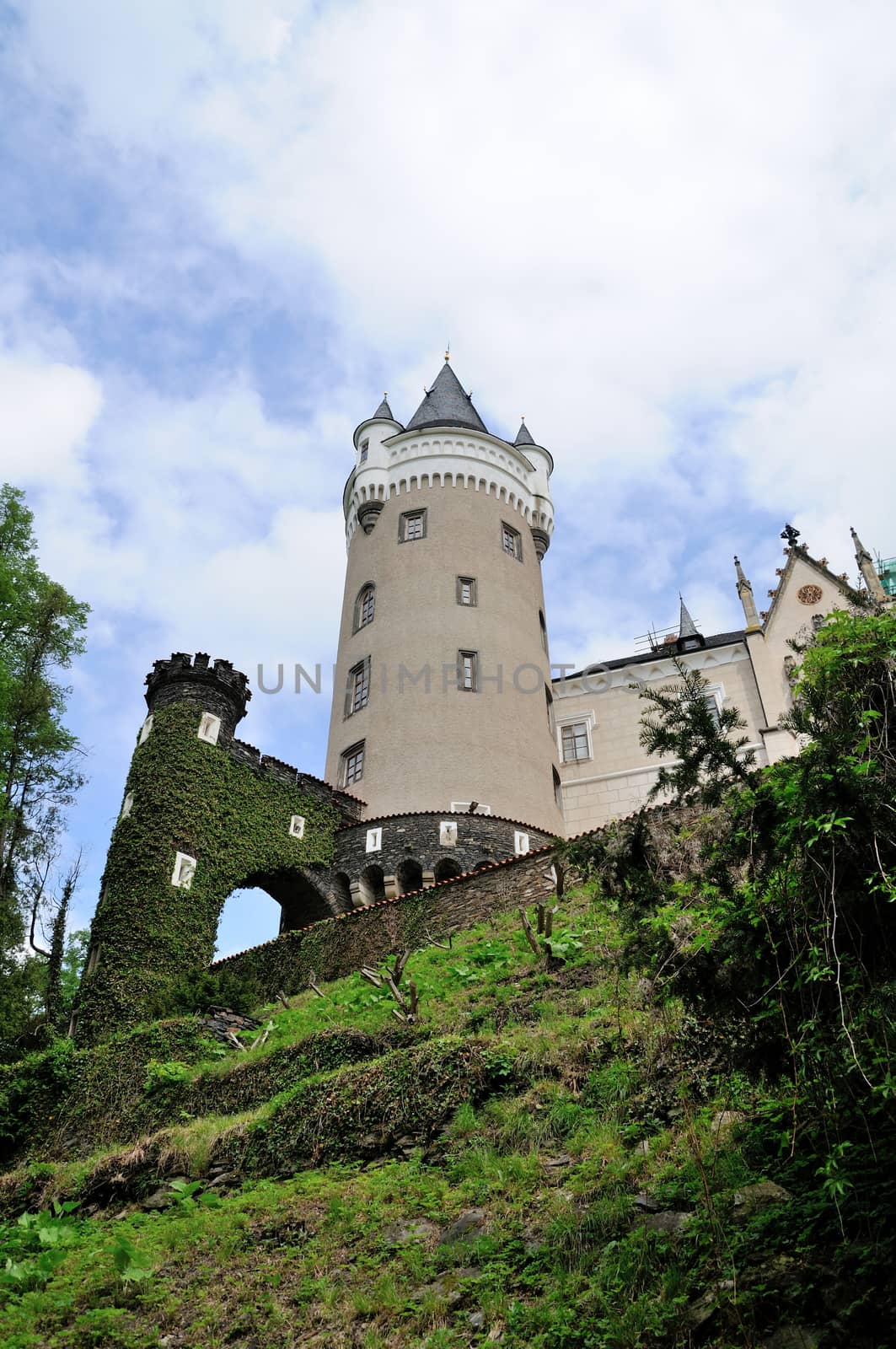 View to the tower of Zleby Castle in Czech Republic.