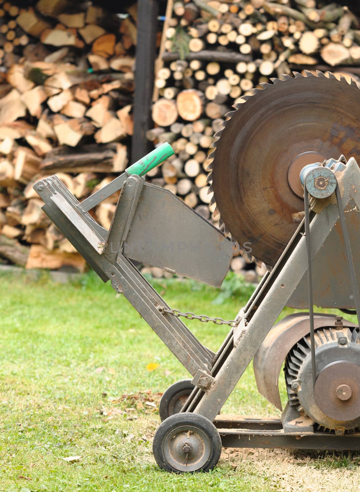 Circular saw with woodshed in background.