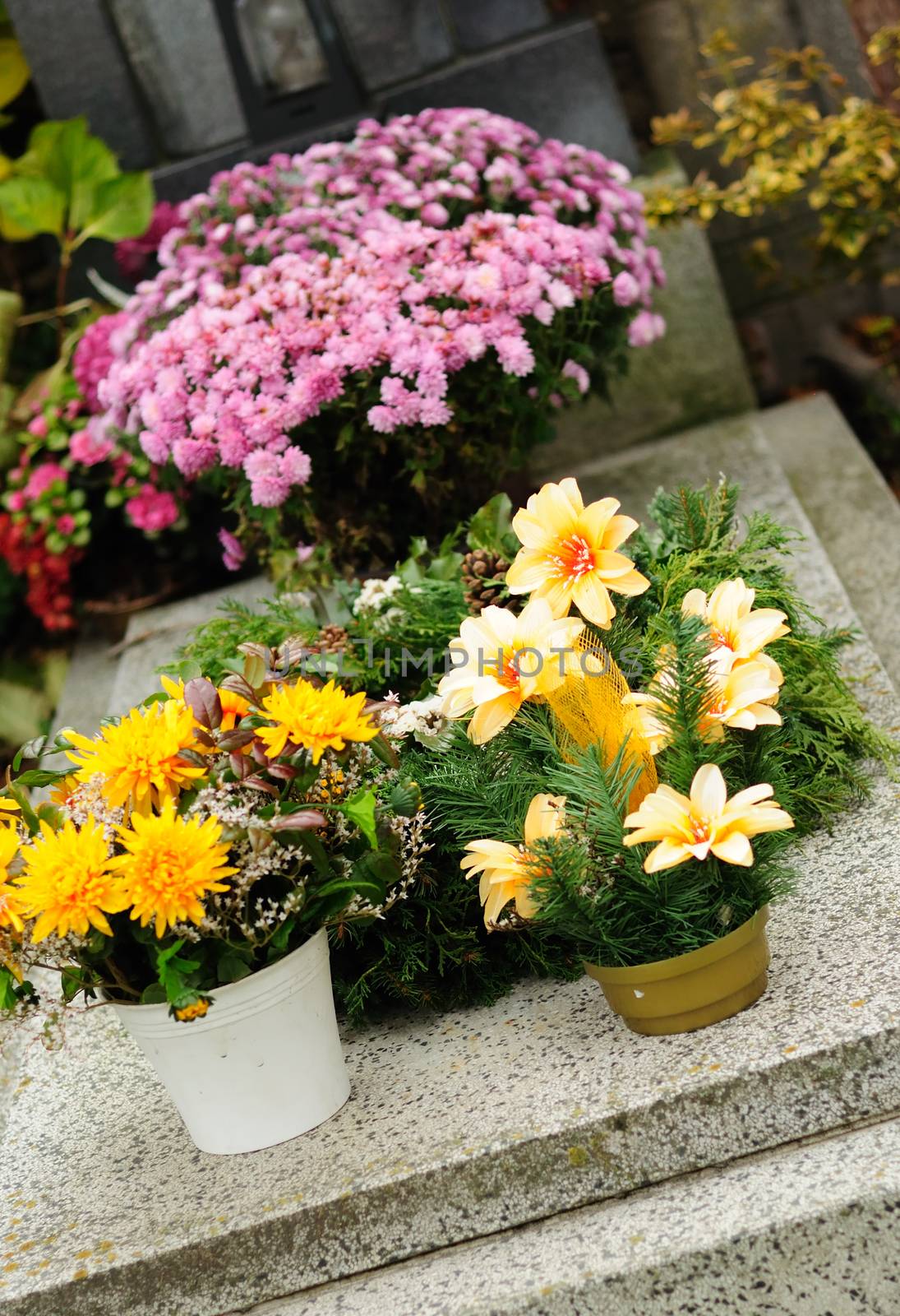 Funeral flowers placed on the grave at All souls holiday.