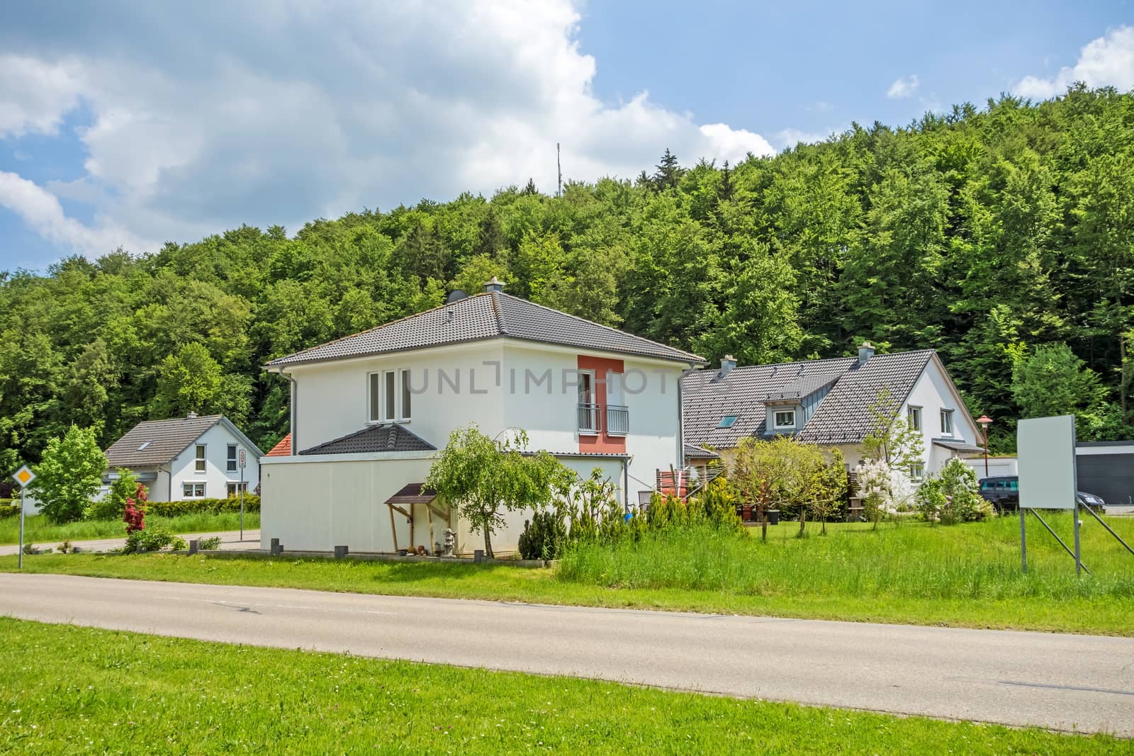 Custom built house view from the street, residential neighborhood, Germany