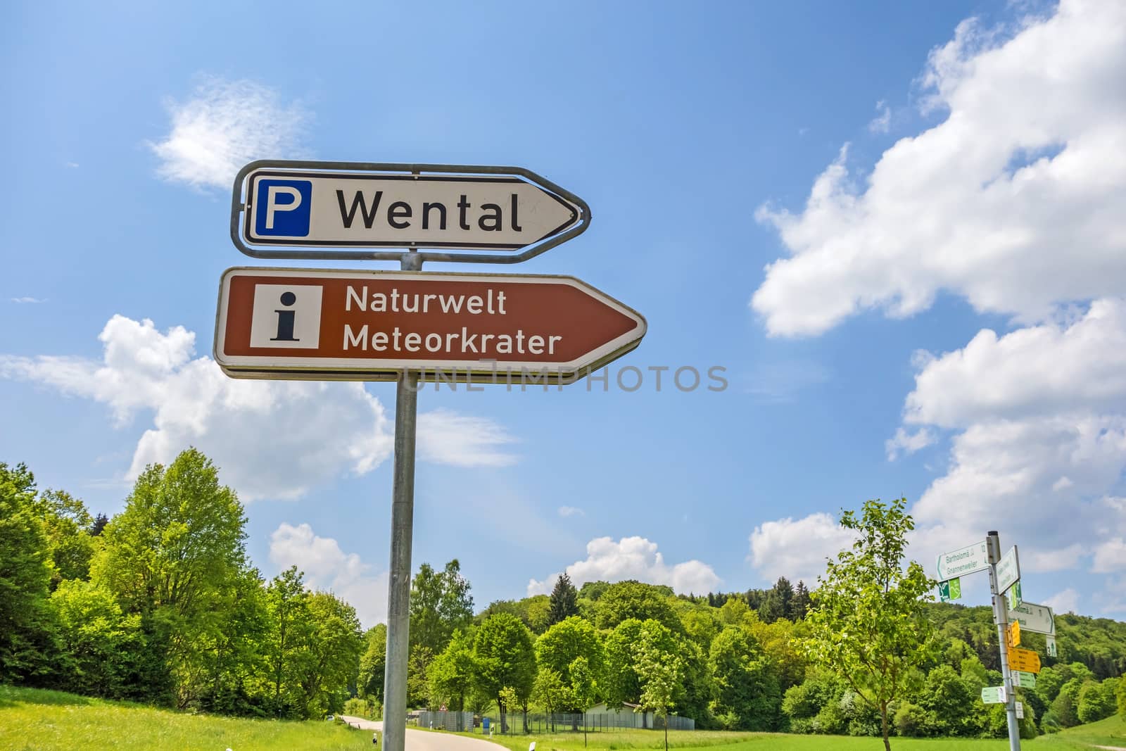 Steinheim, Wental, Germany - May 26, 2016: Wental valley signpost showing way to information center "Naturwelt Meteorcrater" and parking lot