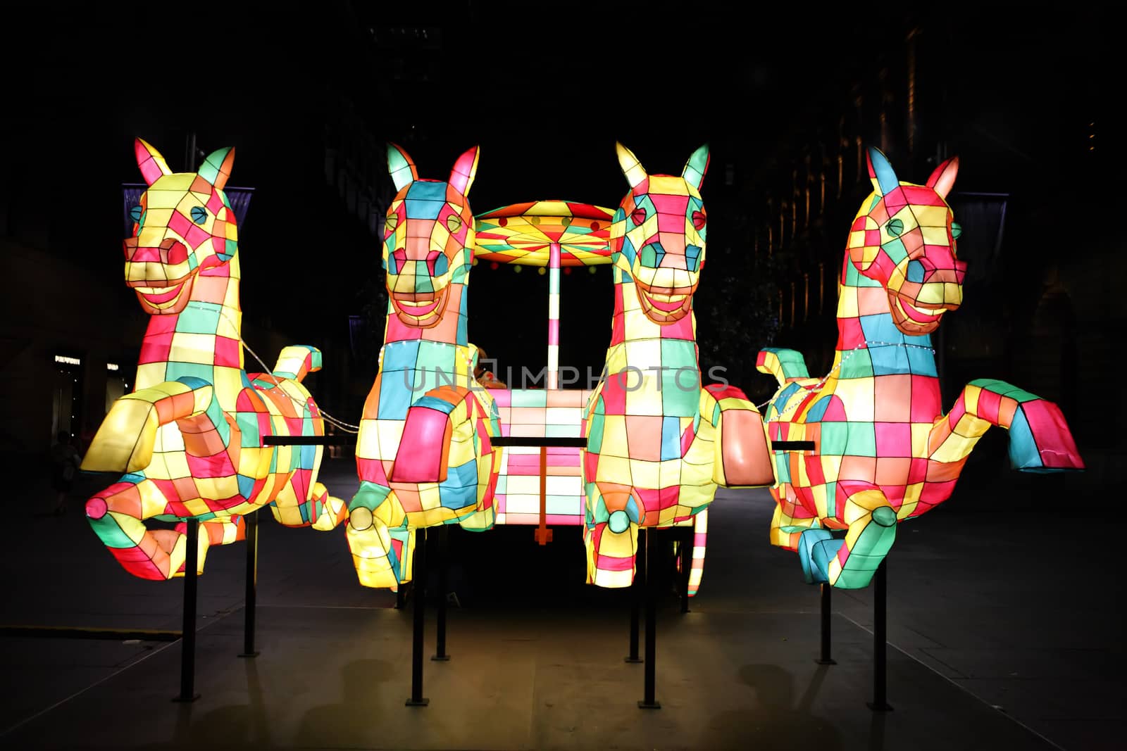 SYDNEY, AUSTRALIA - 7 FEBRUARY, 2016;  Horses pull a chariot for the Chinese New Year animal zodiac, The Horse, which symbolizes enthusiasm and energy. The animal gives people an impression of independence and integrity
