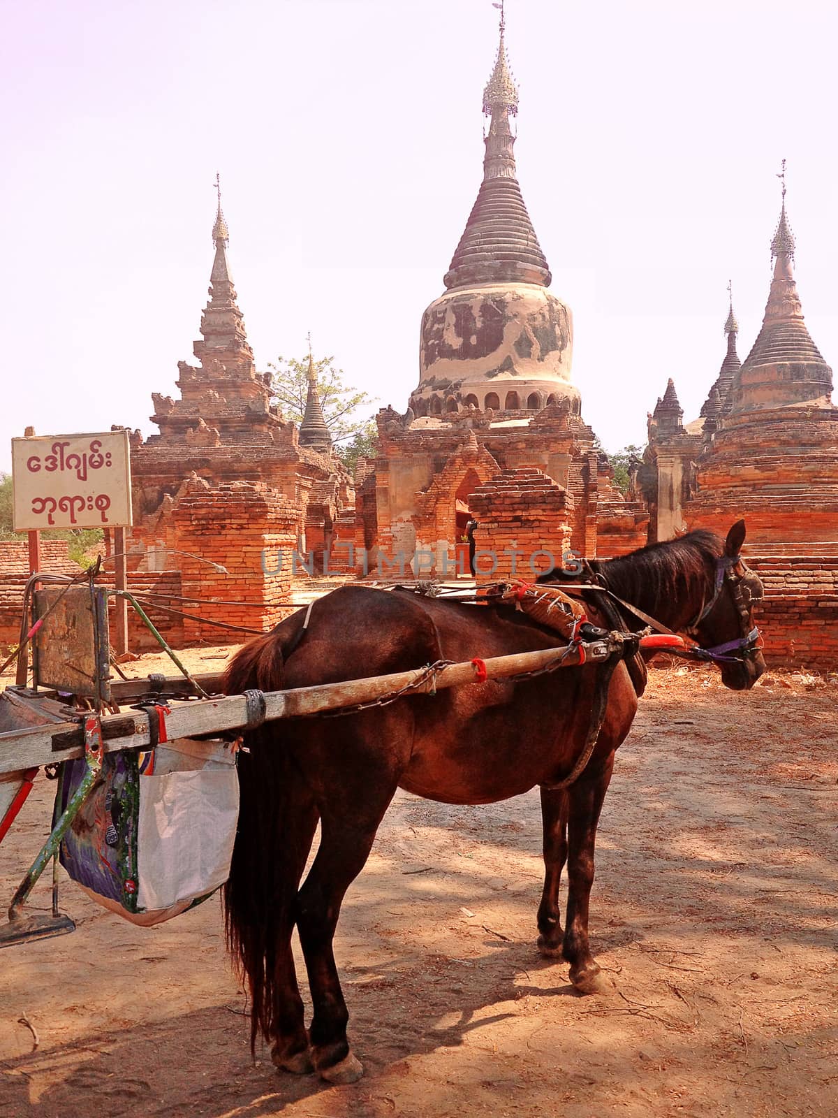 Horse Drawn Carriage parking in front of Temple in Inwa ancient city, Mandalay Myanmar