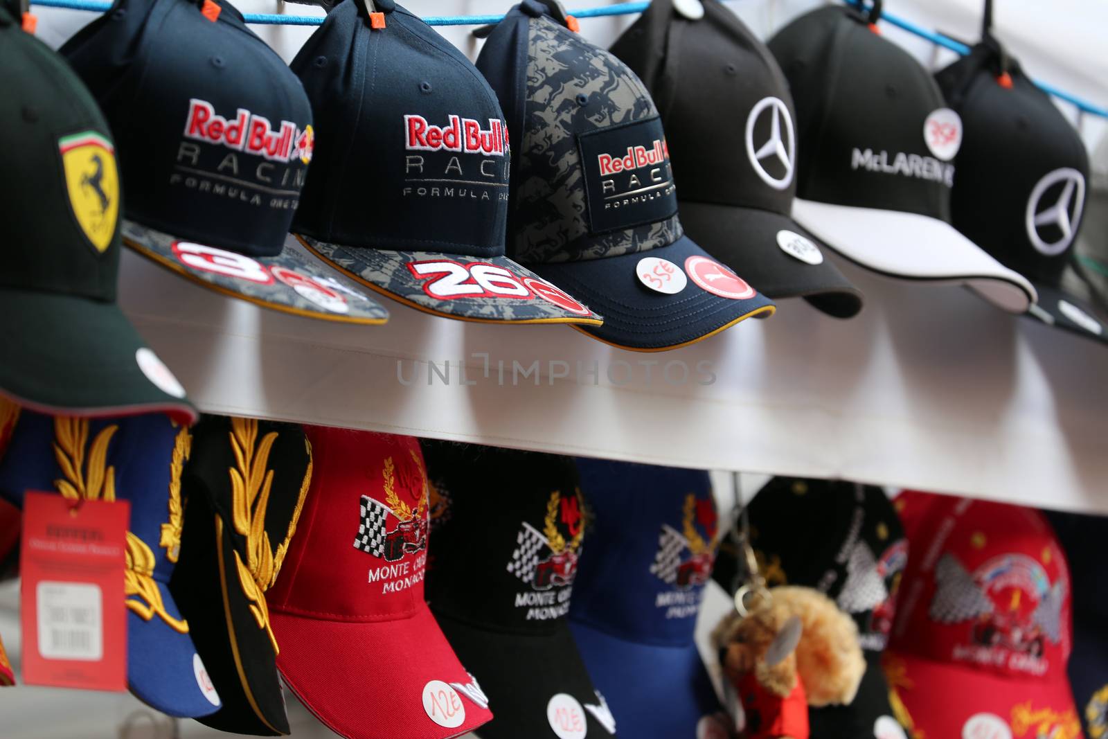 Monte-Carlo, Monaco - May 28, 2016: Many Different Caps of Famous Formula One Team For Sale During the Monaco Formula 1 Grand Prix 2016
