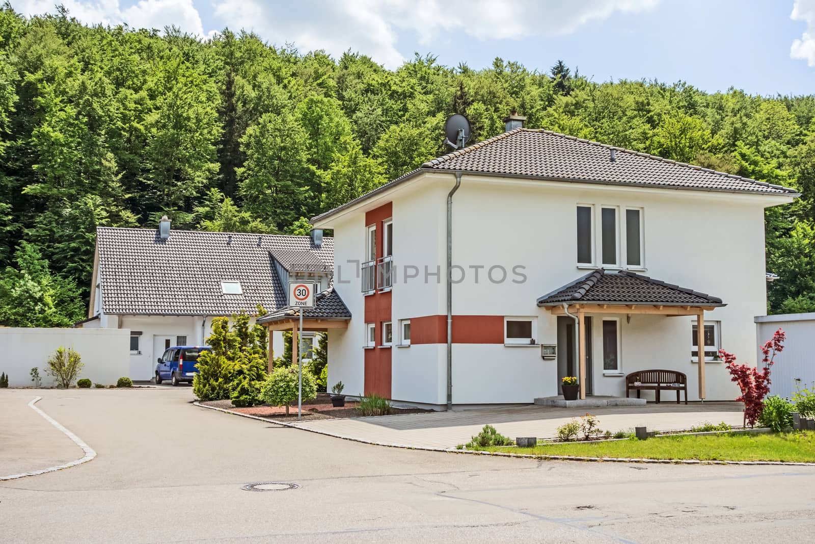 Custom built house view from the street, residential neighborhood, Germany