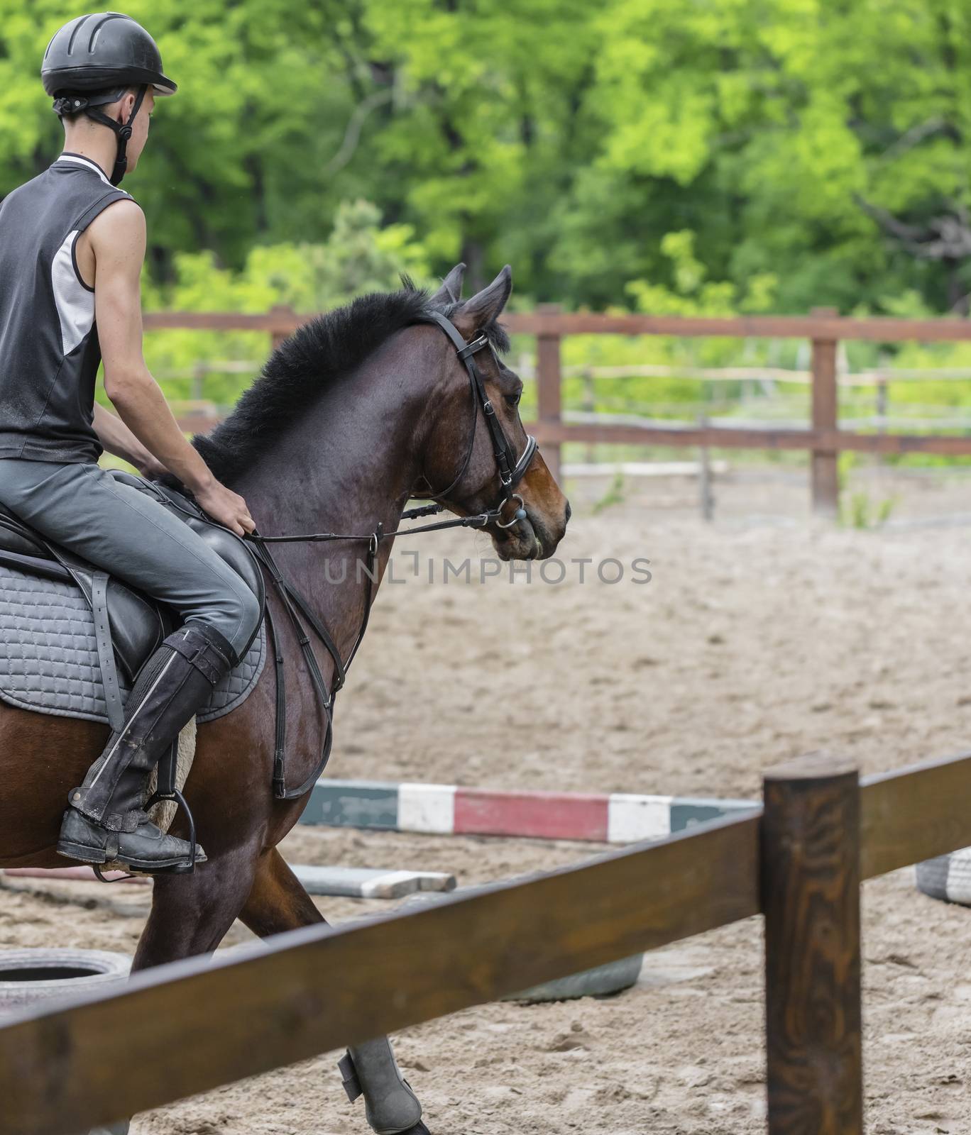 male athlete rides on horse, exercise outdoors