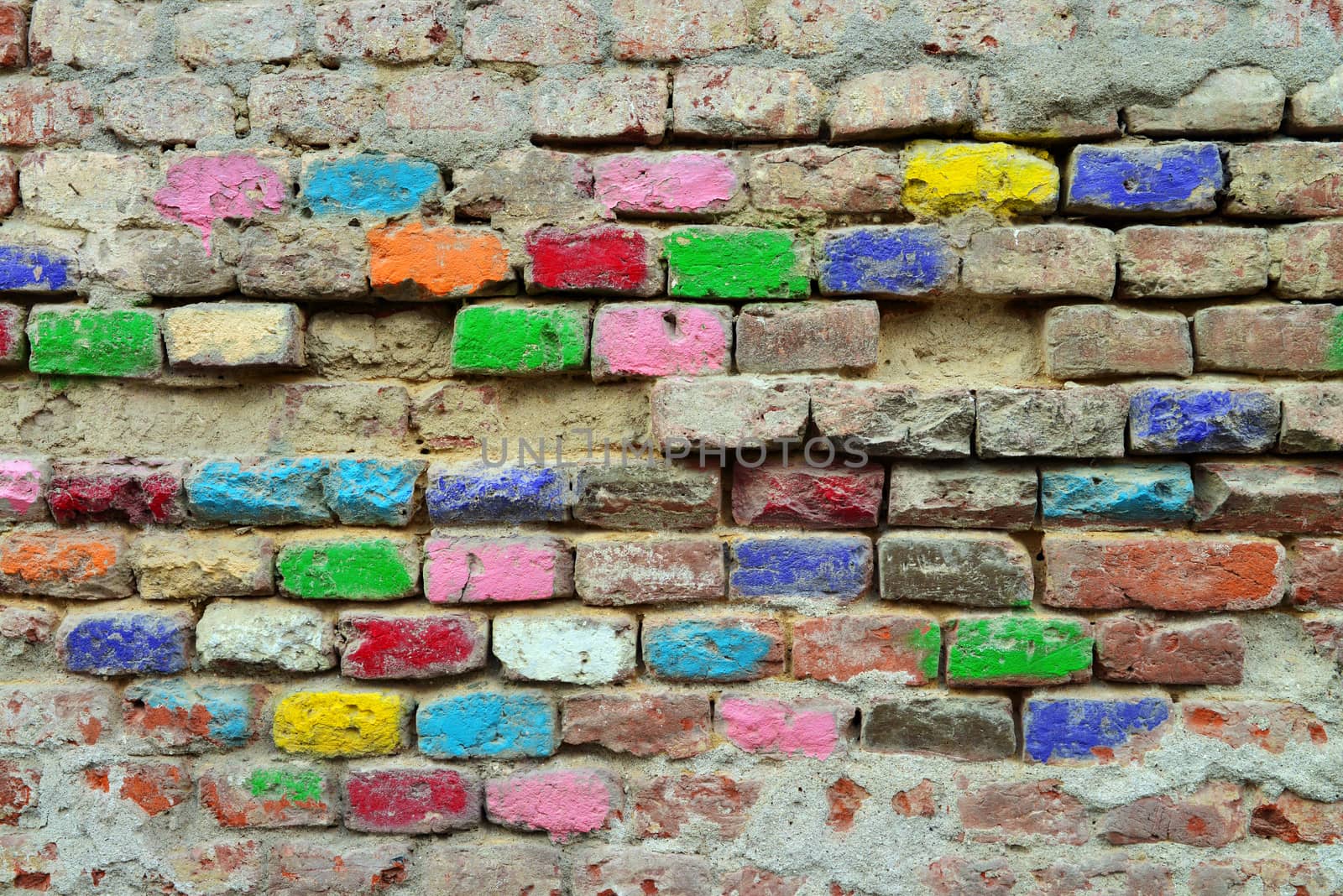 old grunge wall with manny colored bricks